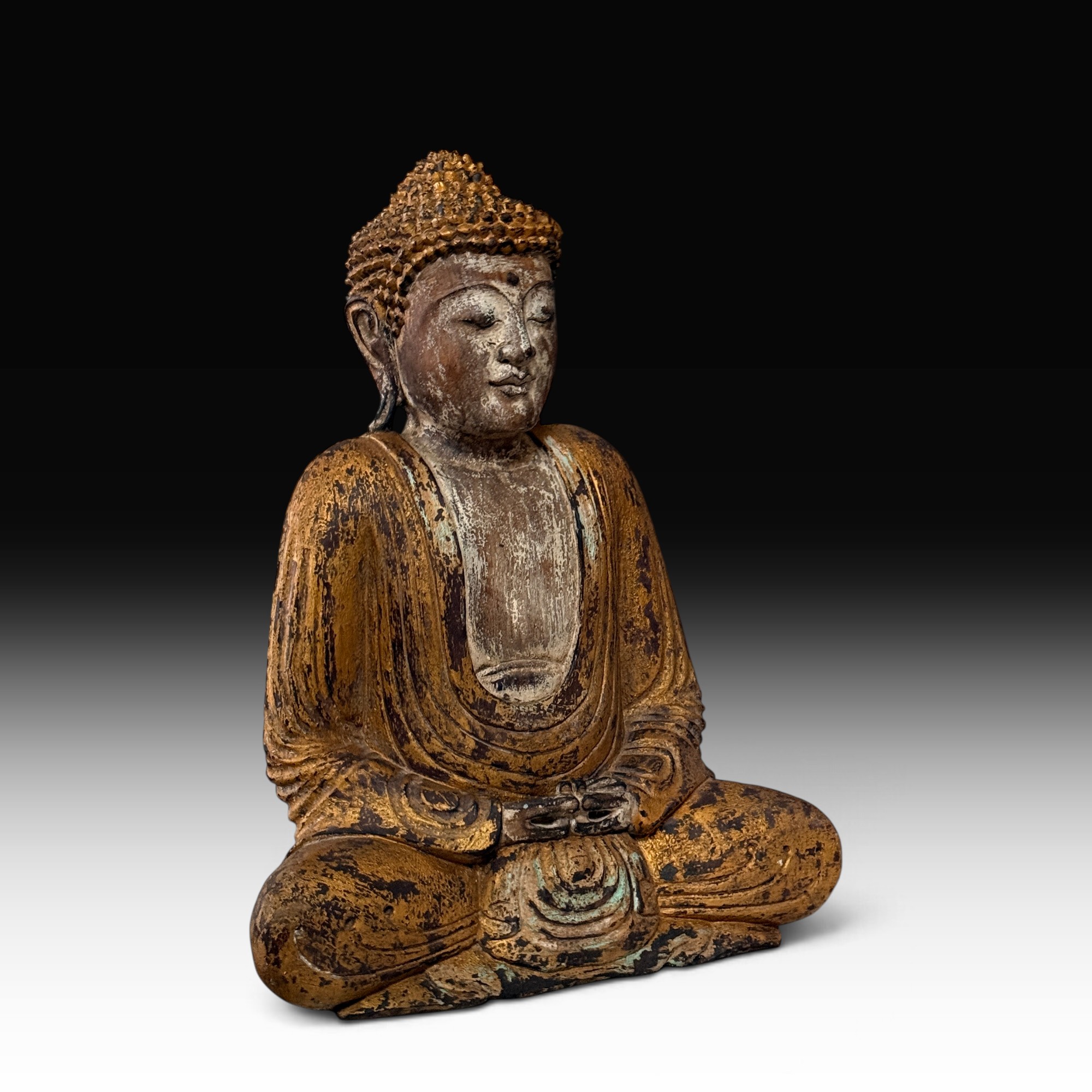 Vintage Buddha Statue Suarholz – Meditation Skulptur mit Goldpatina, 61 cm