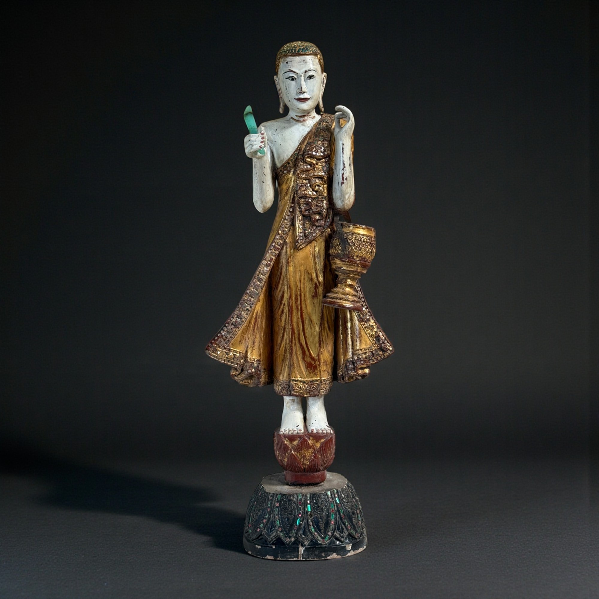 Alter Burma Mönch Holz Figur Trommel Jadestab: Teak Lotussockel Vergoldet 88cm