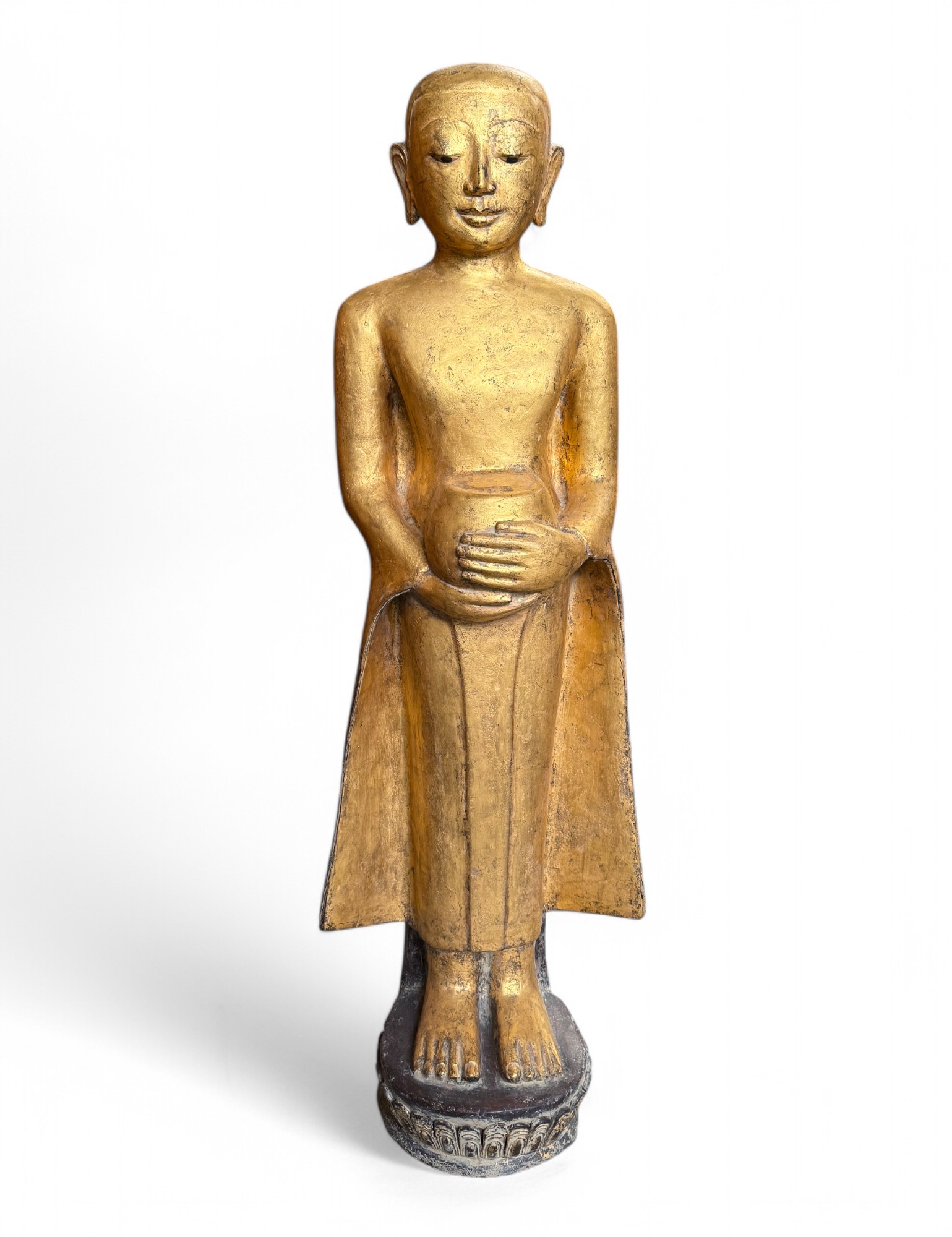Birma Bettelmönch Statue Lacquerware Skulptur vergoldet 100cm