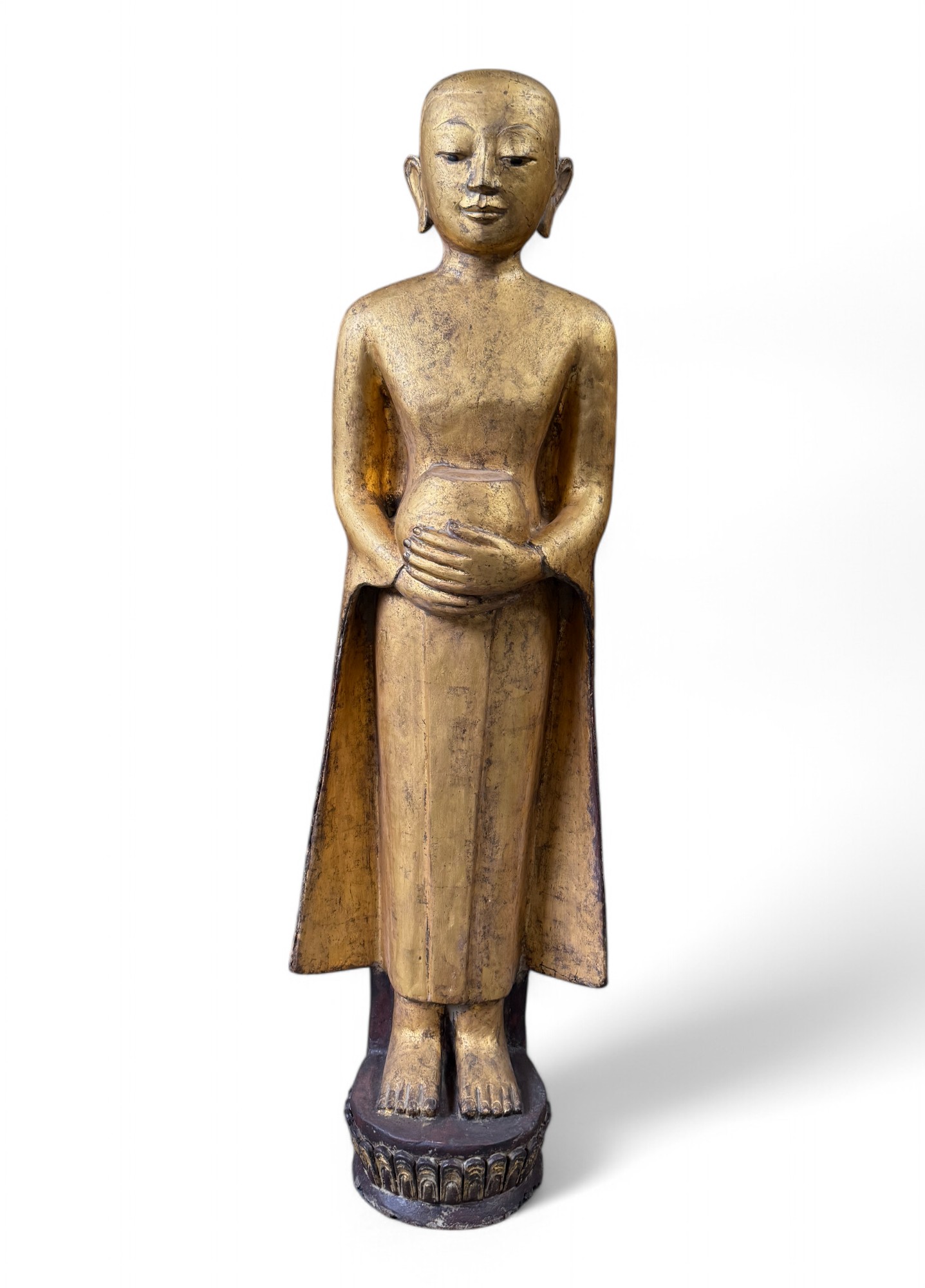 Birma Bettelmönch Statue Lacquerware Skulptur vergoldet 110 cm