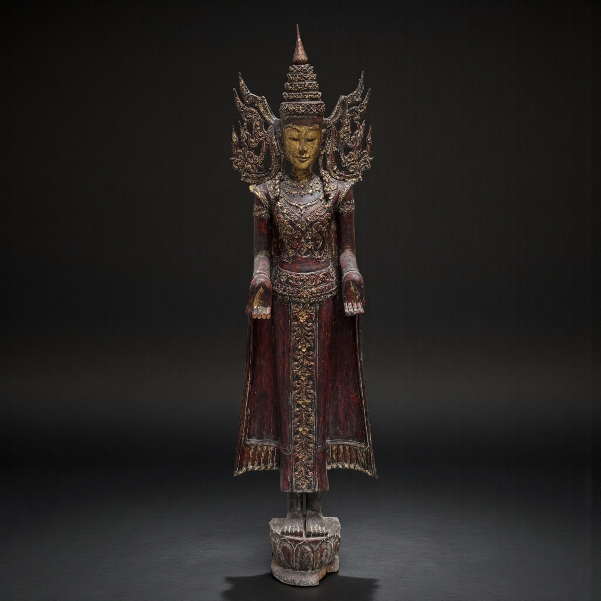 Königs-Buddha Statue Birma Teak Holz Skulptur Wunschgewährungs Geste