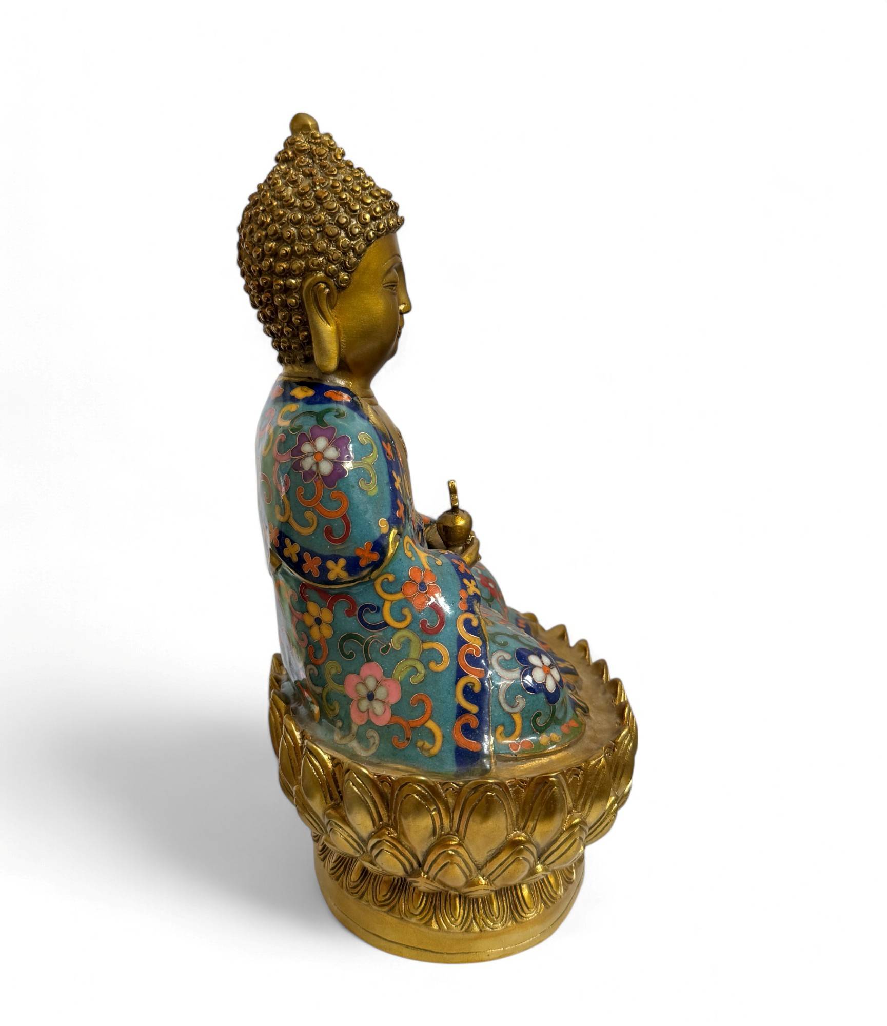 Heilender Medizin-Buddha mit Cloisonné – Bronze, 29 cm Heilender Medizin-Buddha mit Cloisonné – Bronze, 29 cm