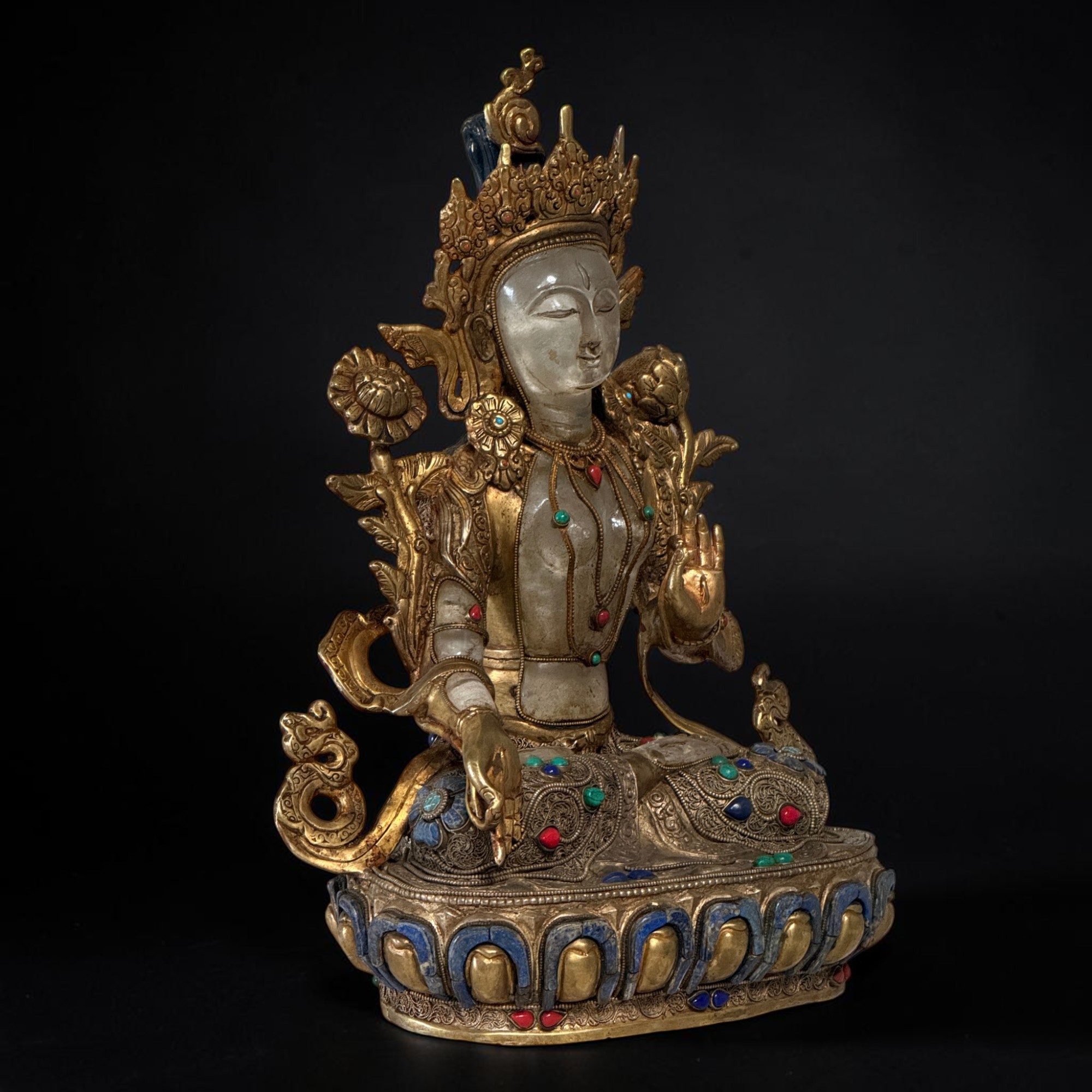 Weiße Tara Bronze Figur Statue Nepal vergoldet mit Edelsteinen 34cm