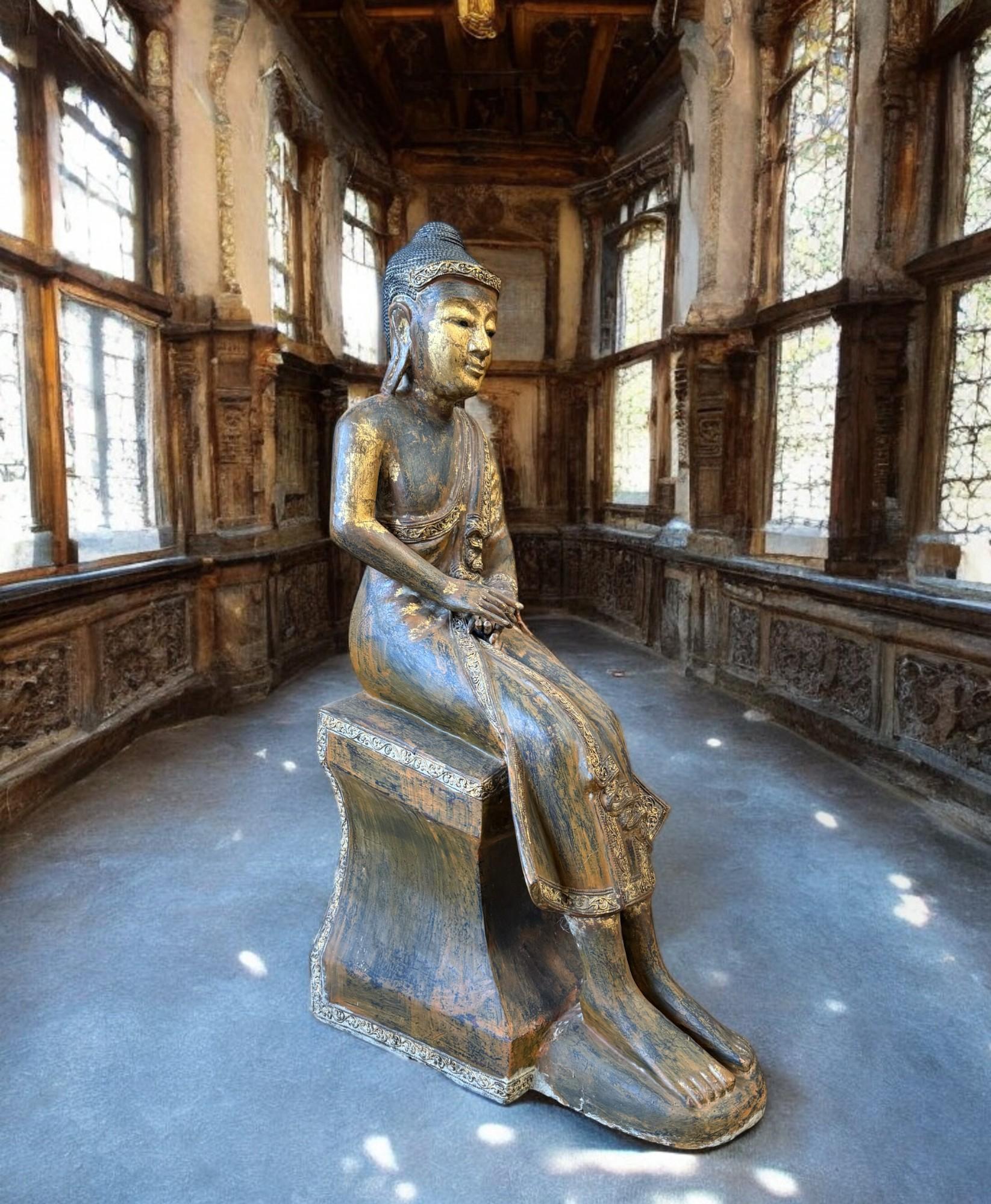 Alte Burma Buddha Skulptur Lacquerware teilvergoldet 100 cm