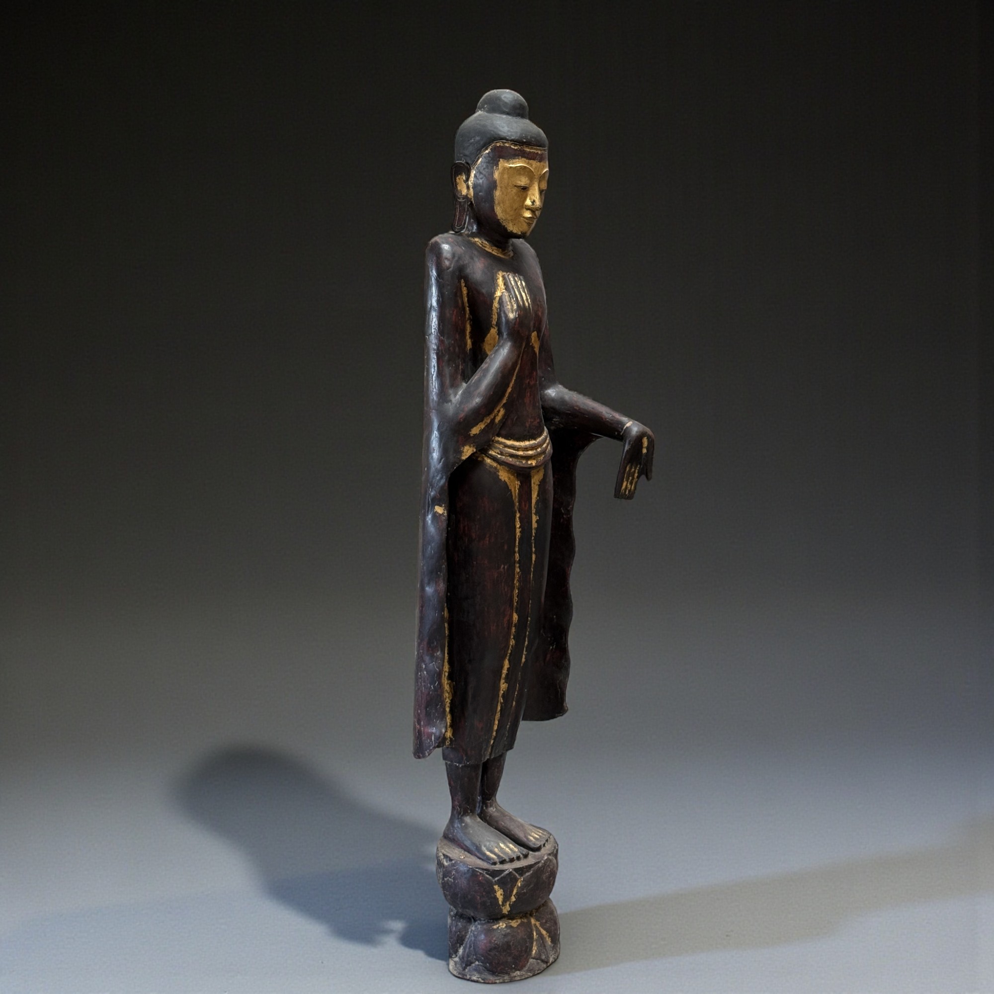 Birmanische Buddha Statue Teak Holz Skulptur Wunschgewährung