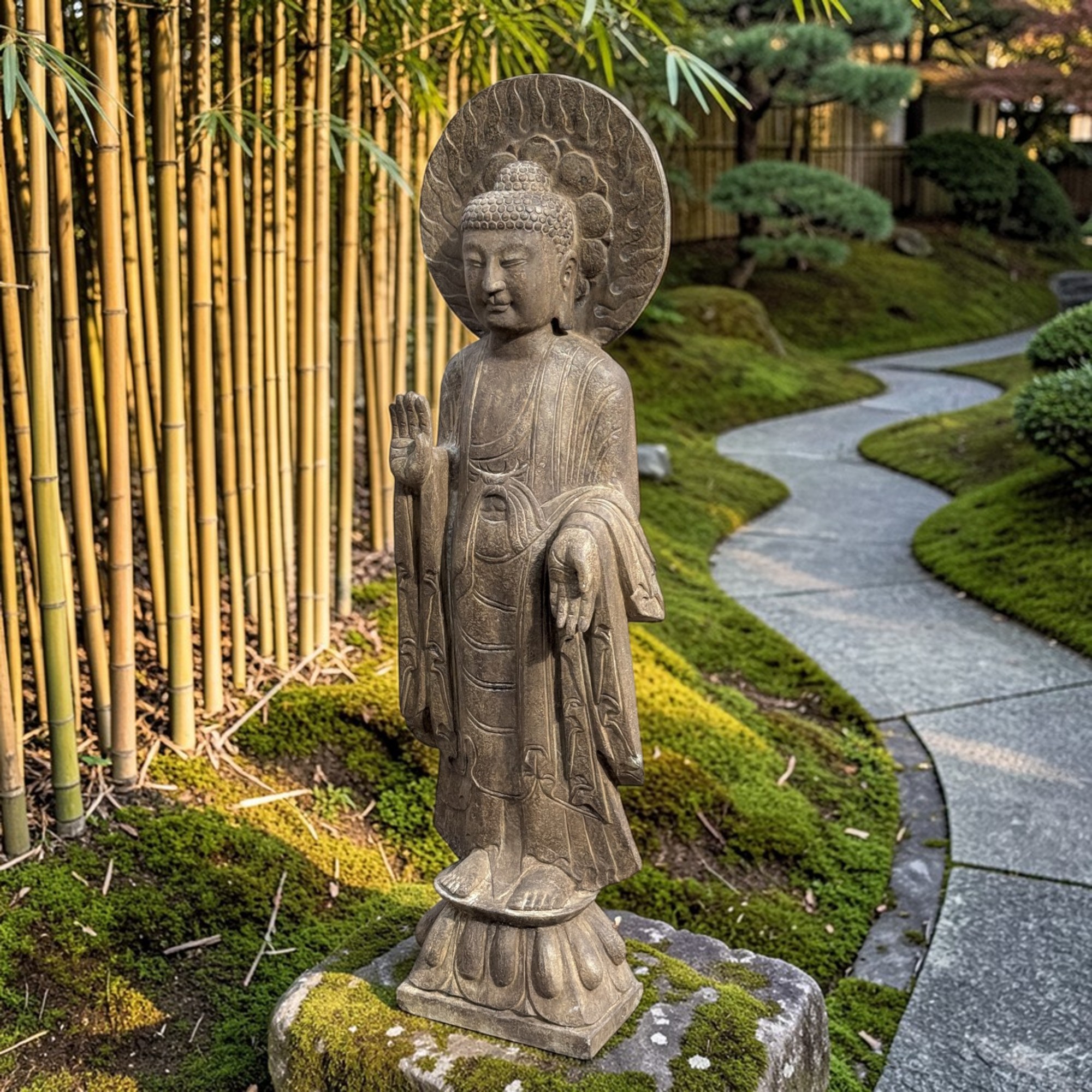 Garten Buddha Statue Naturstein Skulptur mit Aureole