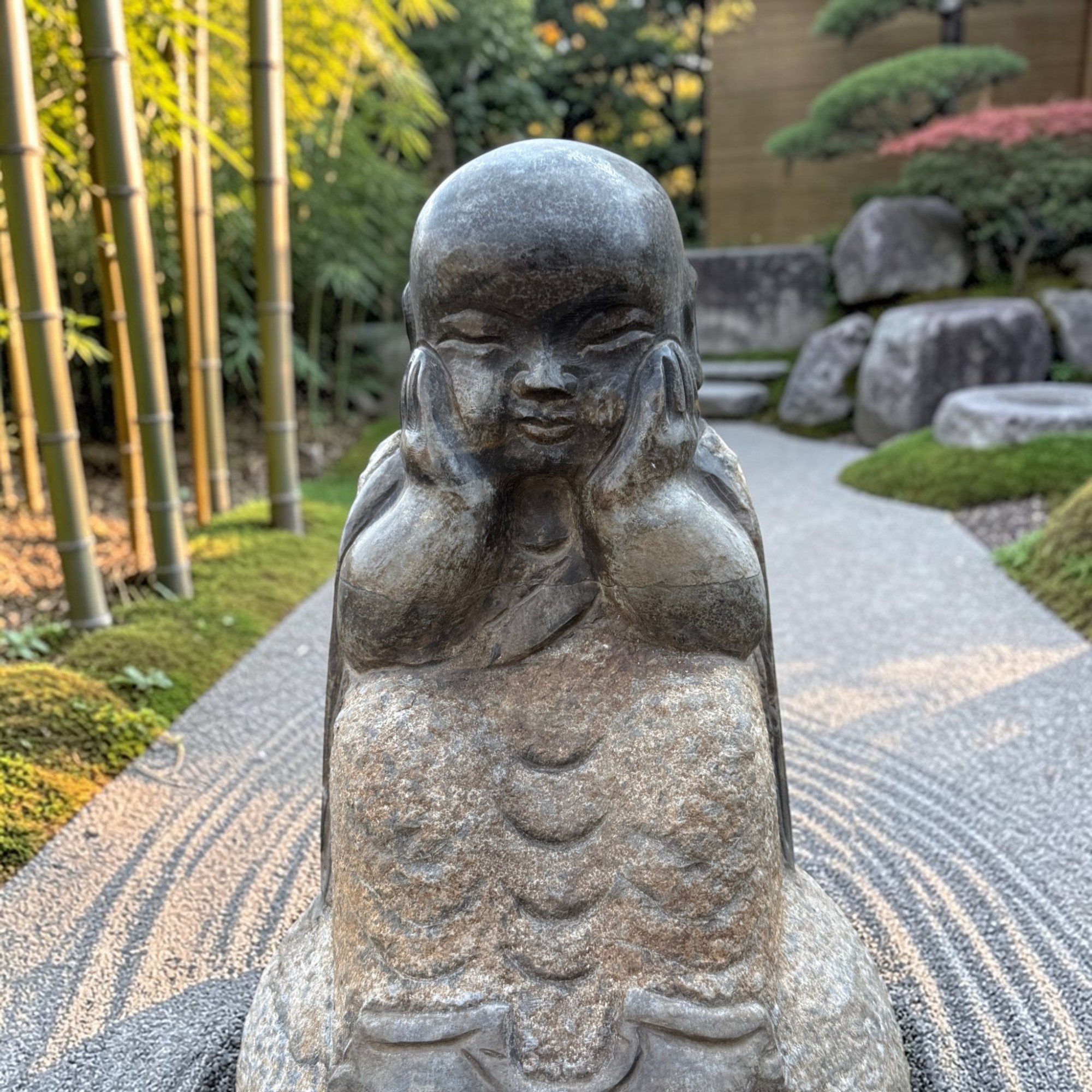 Zen-Mönch Gartenfigur aus Bluestone – Frostfest – 35 cm