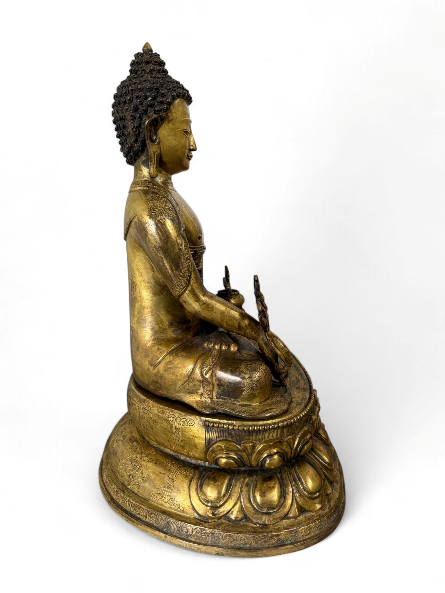 Medizin Buddha Figur vergoldete Bronze Skulptur mit Gravuren