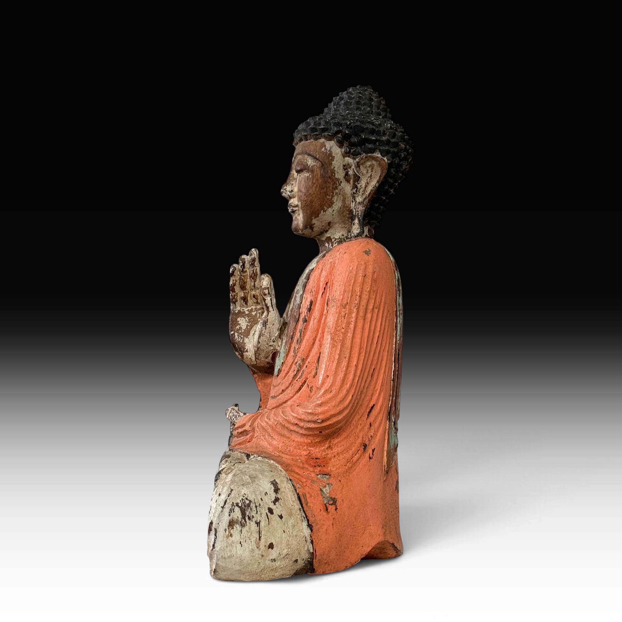 Vintage Buddha Figur aus Suarholz, bemalt, Vitarka Mudra, 50 cm – Indonesien