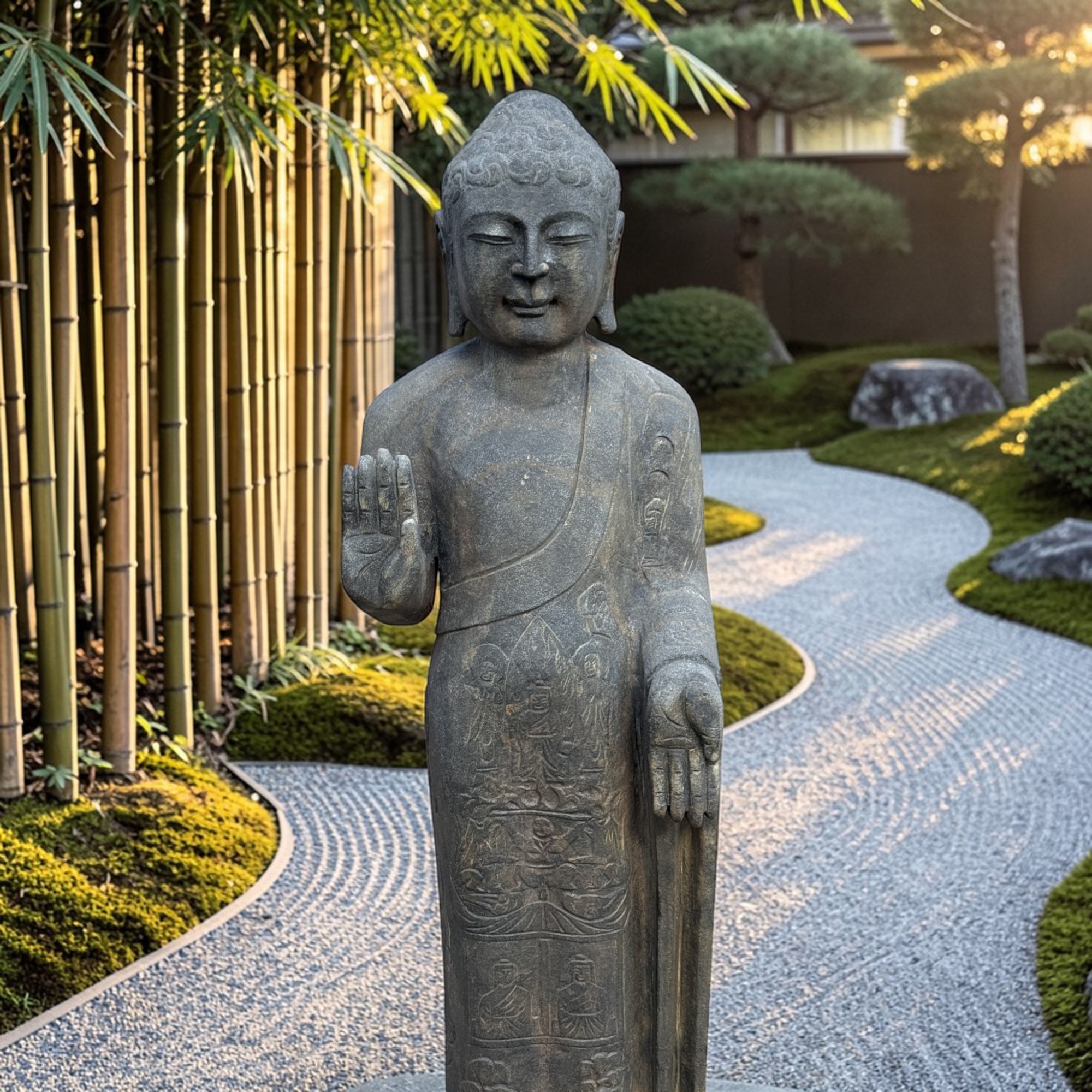 Garten Buddha Statue stehende Skulptur Schutz Geste 121 cm groß