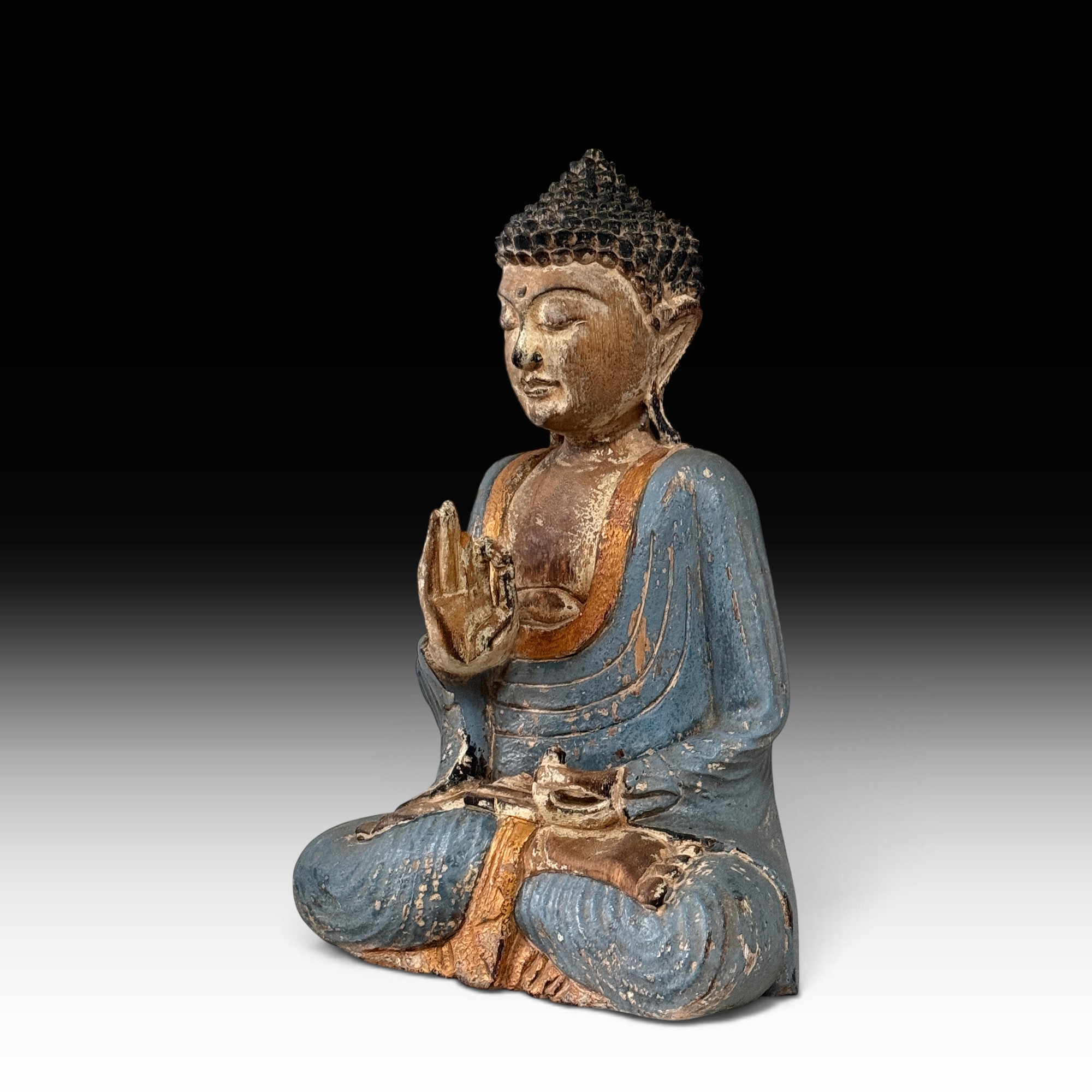 Vintage Buddha Statue Suarholz blau gold – Vitarka Mudra Holzfigur, 44 cm