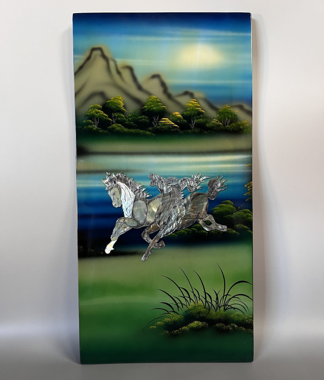 Asiatisches Wandbild Holz Lackbild Perlmutt Wanddeko - Pferde