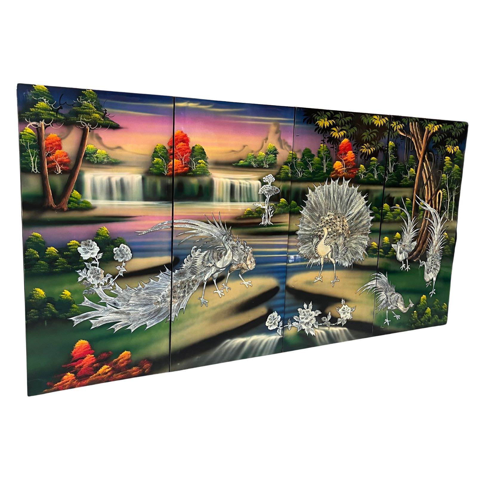 Asiatisches Wandbild Holz Lackbild Perlmutt Wanddeko - Pfau