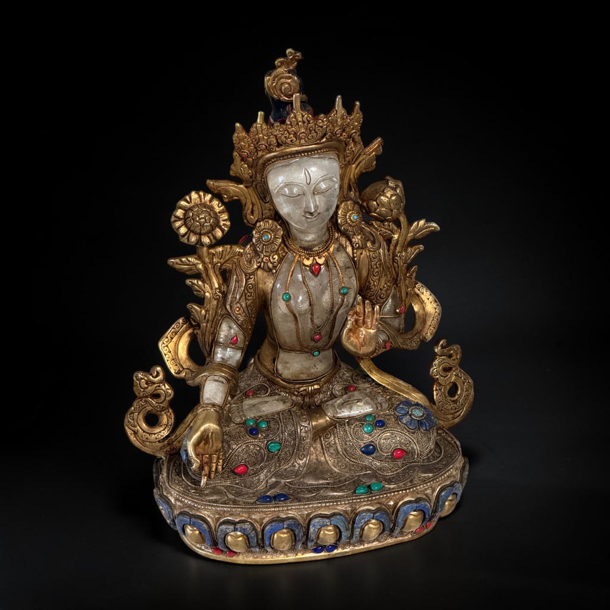 Weiße Tara Bronze Figur Statue Nepal vergoldet mit Edelsteinen 34cm