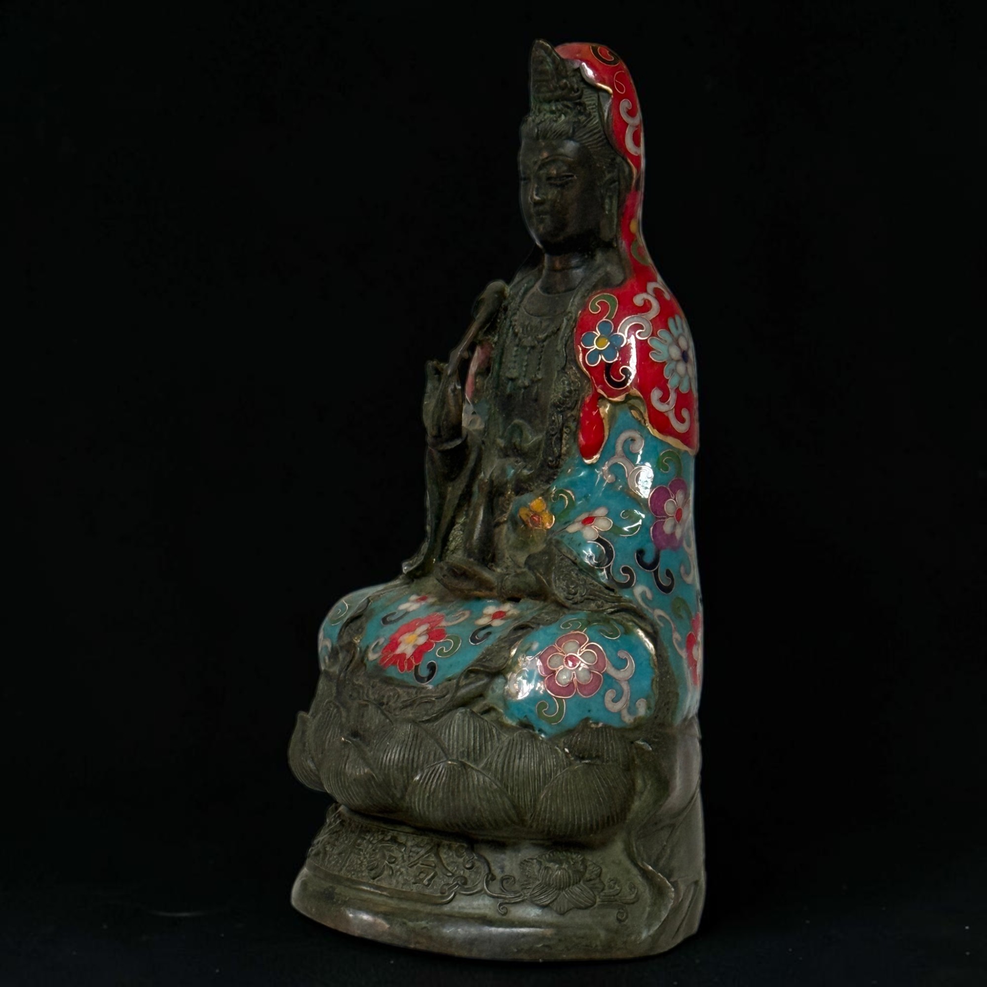 Guanyin Bodhisattva Figur Bronze Cloisonné Skulptur China Emaille