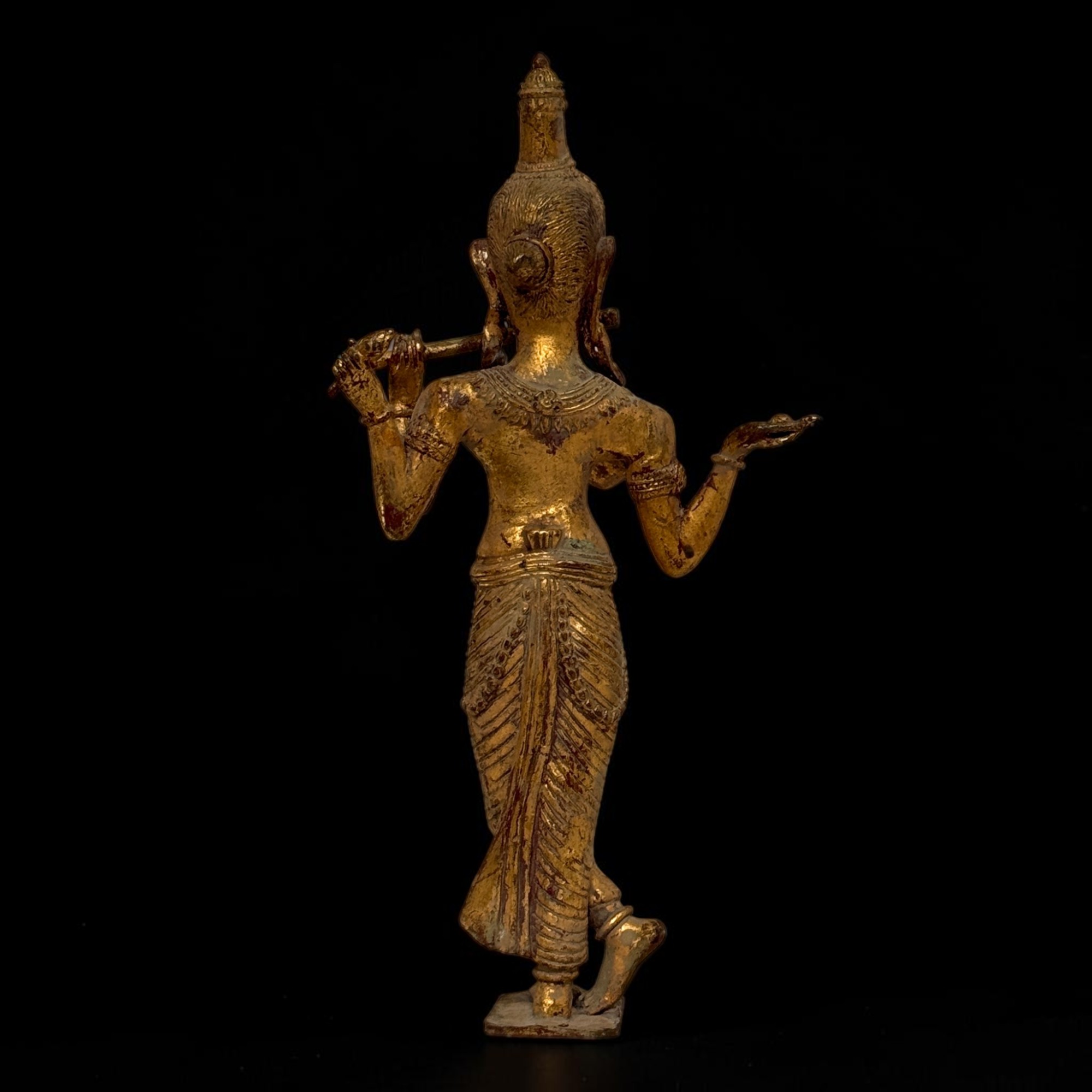 Krishna Figur Bronze Thailand, Flötenspieler Statue 31 cm, Restvergoldung