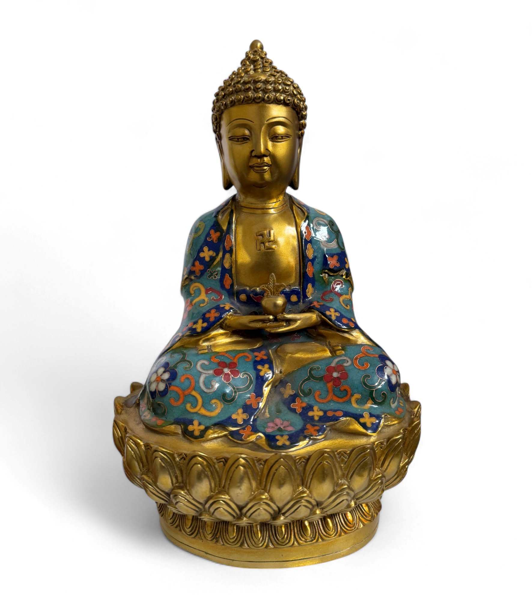 Heilender Medizin-Buddha mit Cloisonné – Bronze, 29 cm