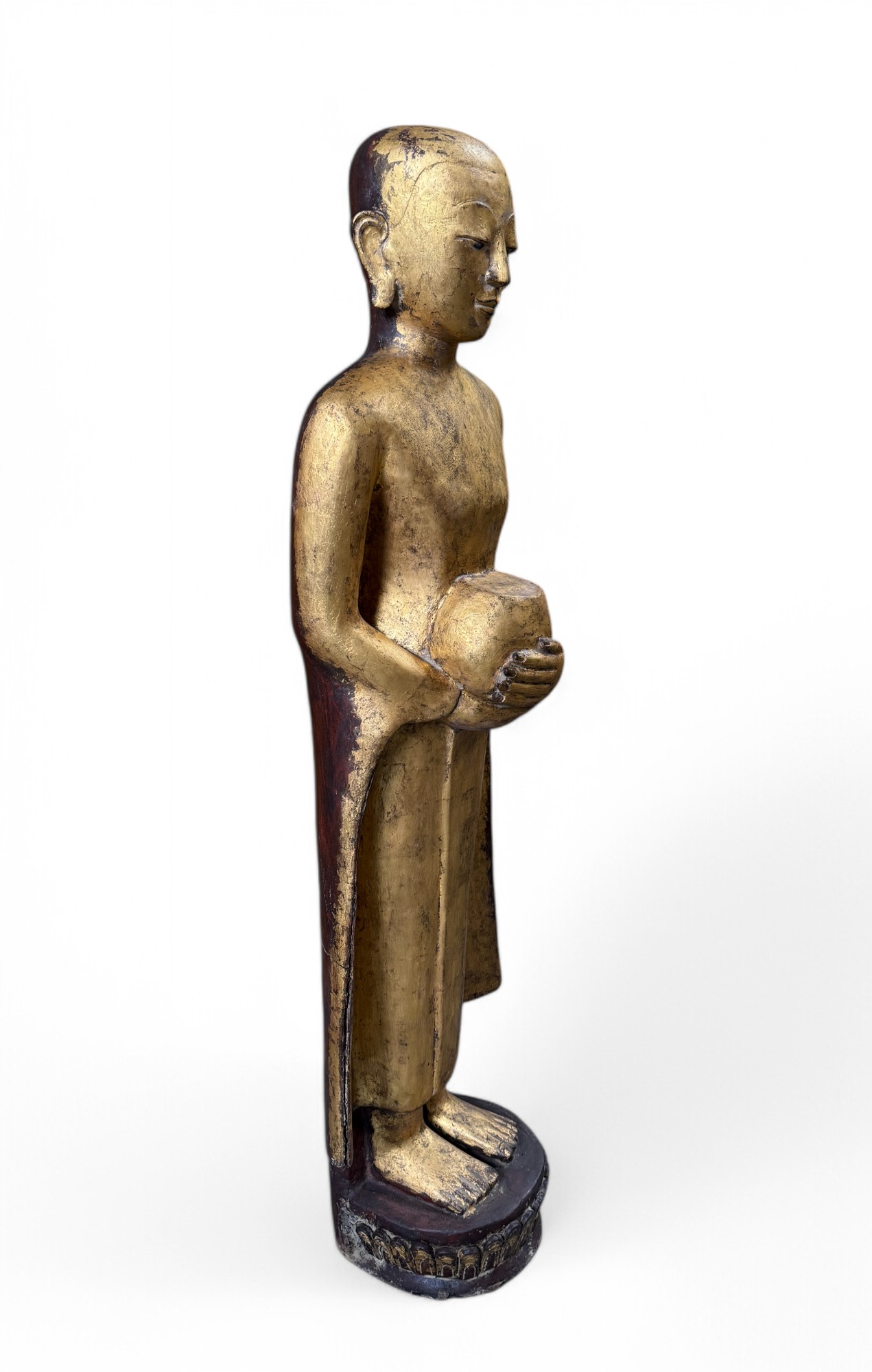 Birma Bettelmönch Statue Lacquerware Skulptur vergoldet 110 cm