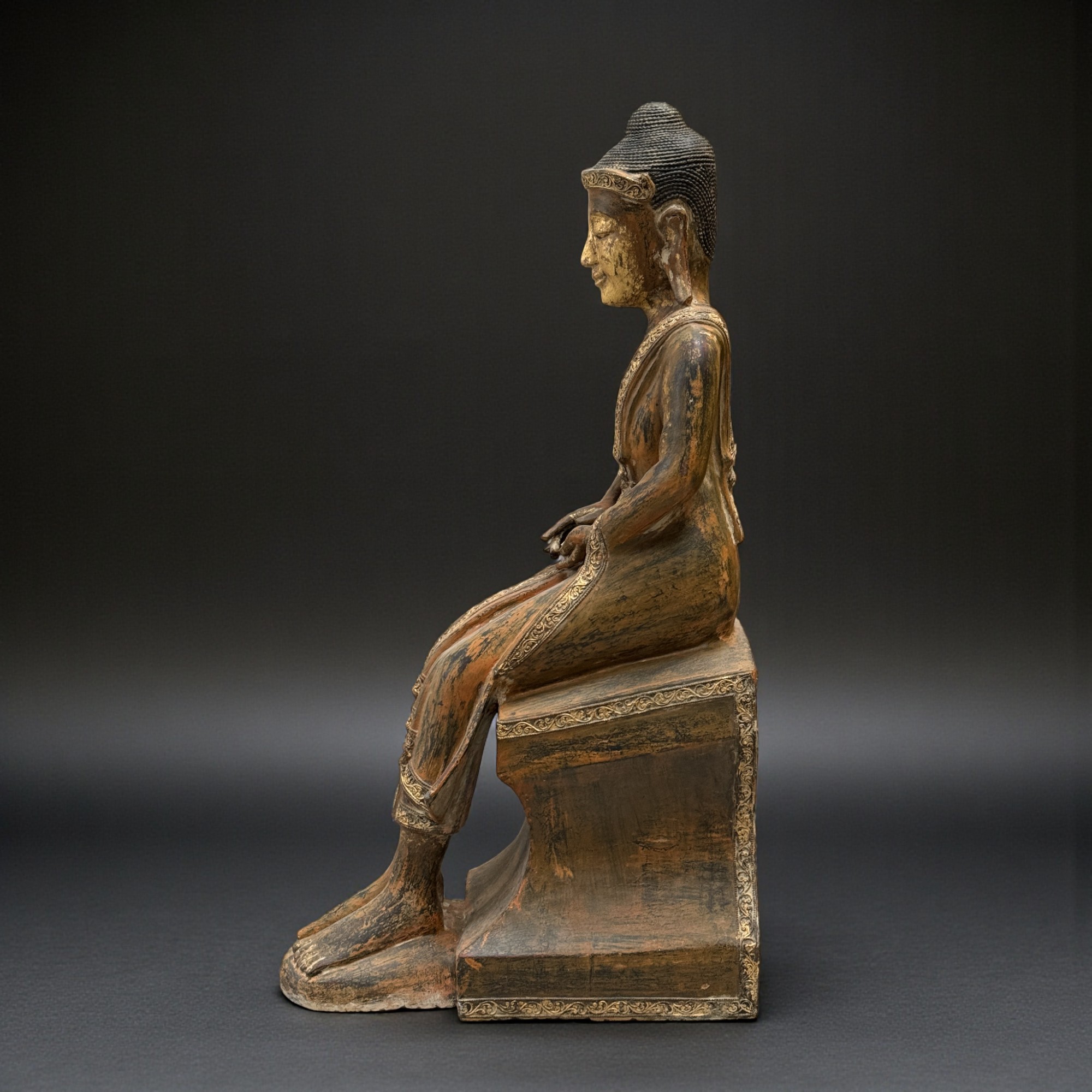 Alte Burma Buddha Skulptur Lacquerware teilvergoldet 100 cm