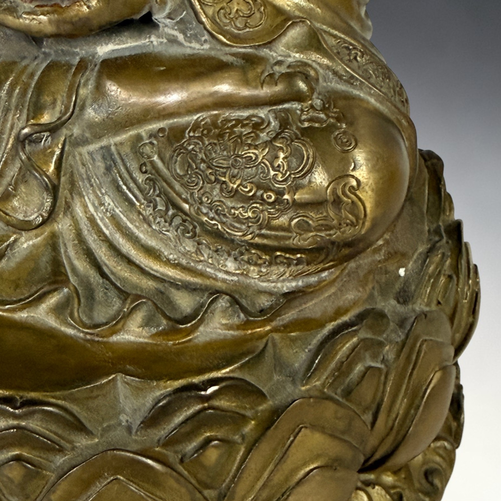 Guan Yin Bronze Figur 29cm China Statue Buch der Weisheit Alte Sammlungsstück