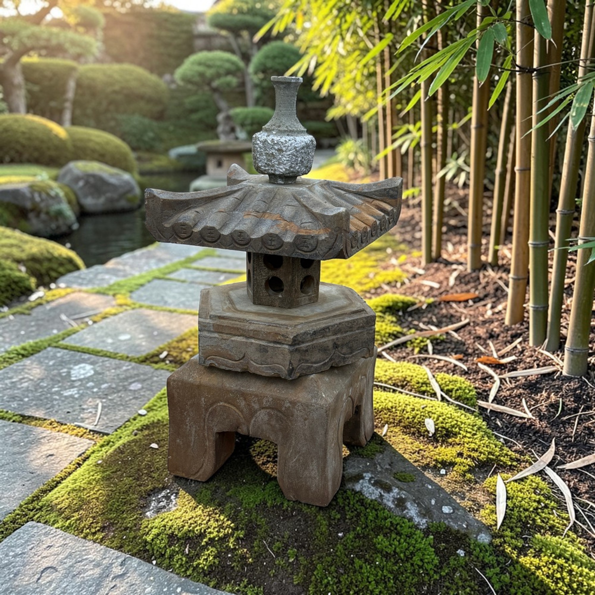 Altes Geisterhaus Steinlaterne Tibet/China - Patchwork Sichuan Unikat - 54 cm