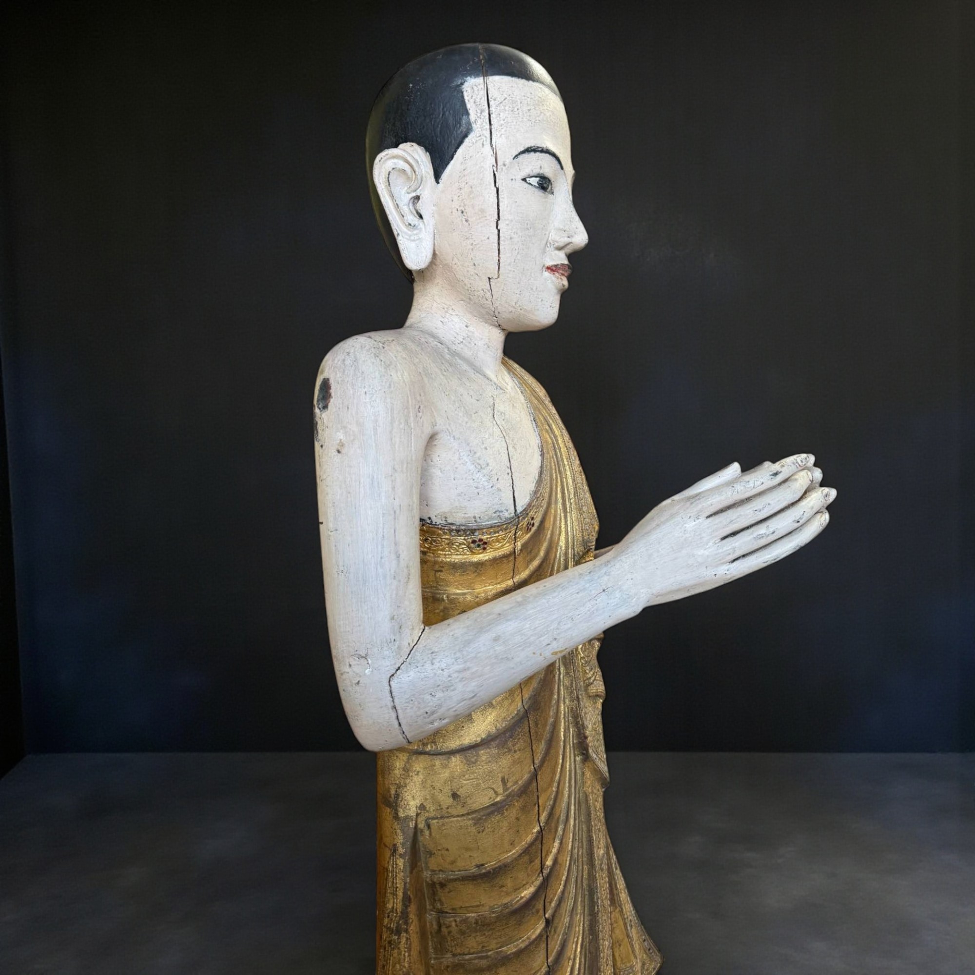 Burma Mönch Statue Teak Holz Skulptur meditierende Pose