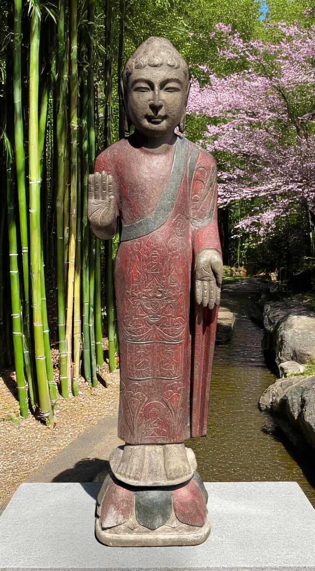 Garten Buddha Statue stehende Skulptur Schutz Geste 120 cm groß