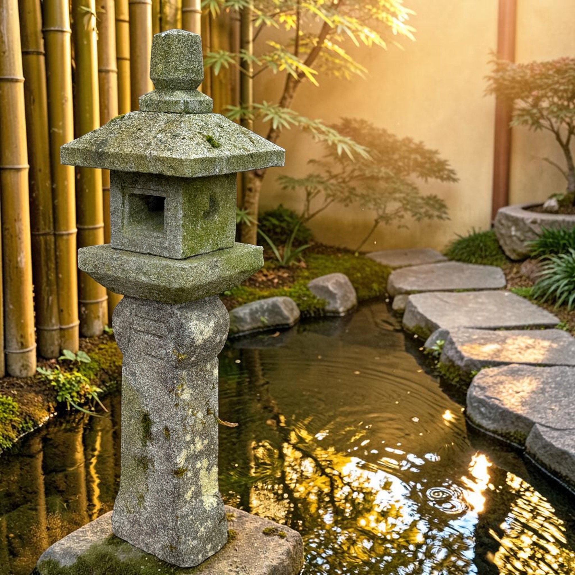 Alte Japanische Steinlaterne Granit 113cm - 5-teilig - Bemoost & Frostfest
