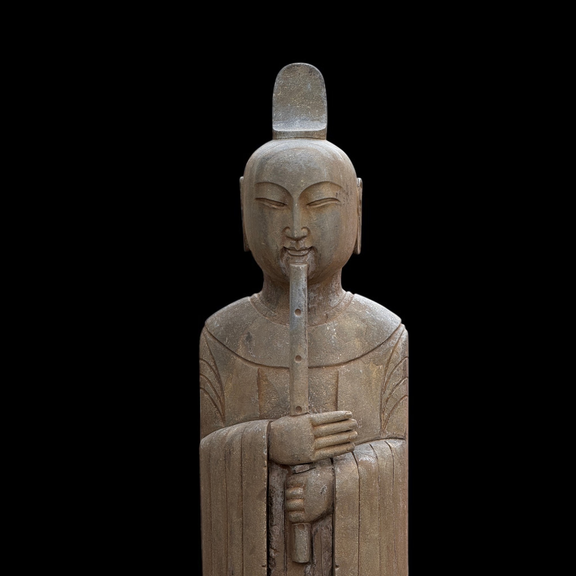 Chinesischer Gelehrter mit Bambusflöte Naturstein Garten Statue 121cm