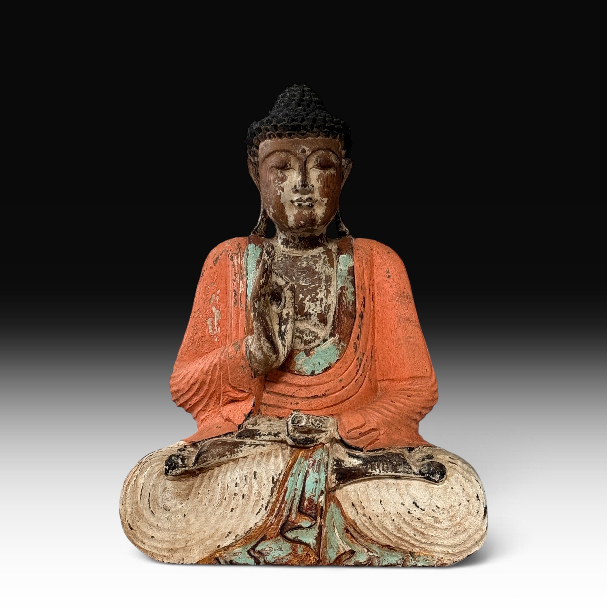 Vintage Buddha Figur aus Suarholz, bemalt, Vitarka Mudra, 50 cm – Indonesien