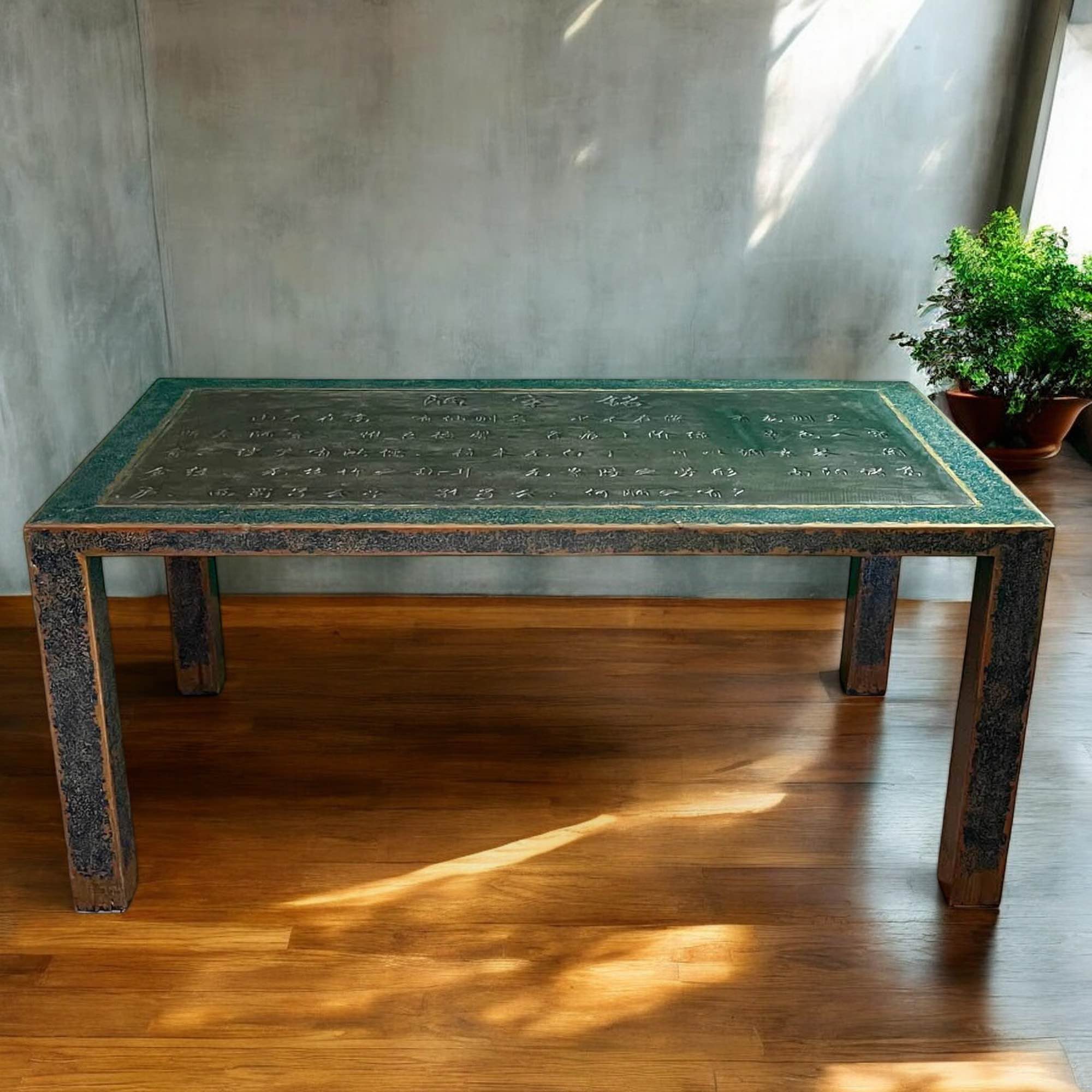 China Esstisch mit massiver Steinplatte & Schriftzeichen