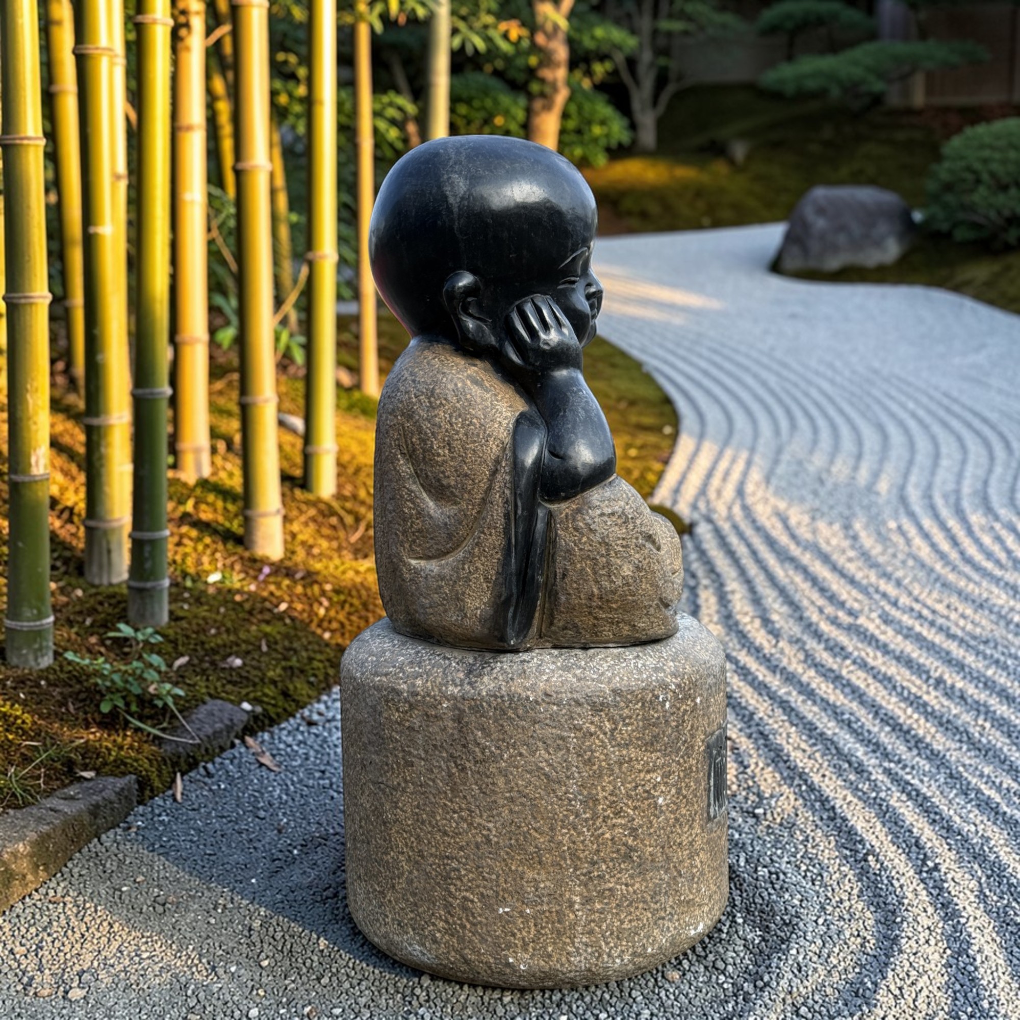 Zen Mönch Skulptur aus Naturstein – Sitzende Gartenfigur (62 cm, 70 kg)