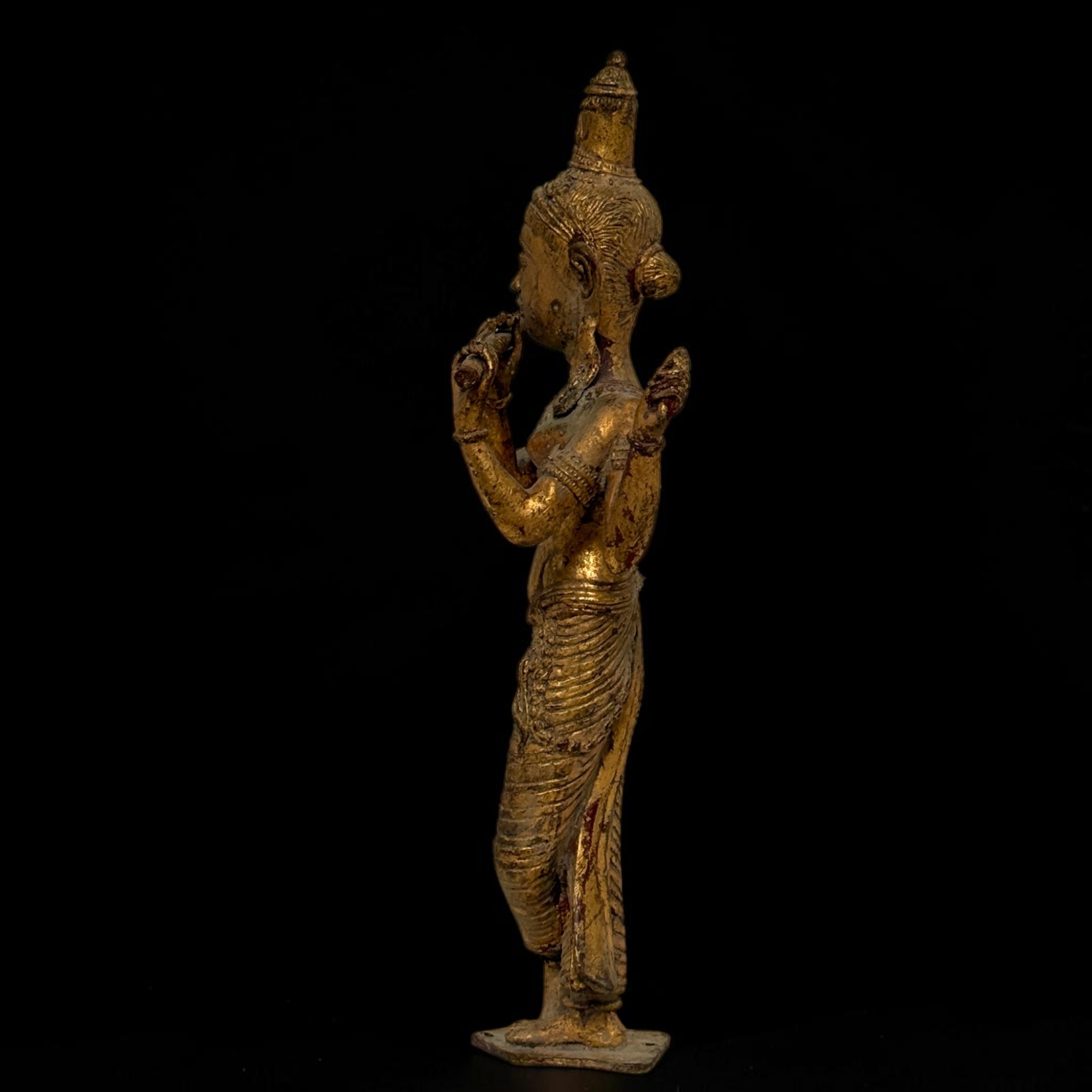 Krishna Figur Bronze Thailand, Flötenspieler Statue 31 cm, Restvergoldung