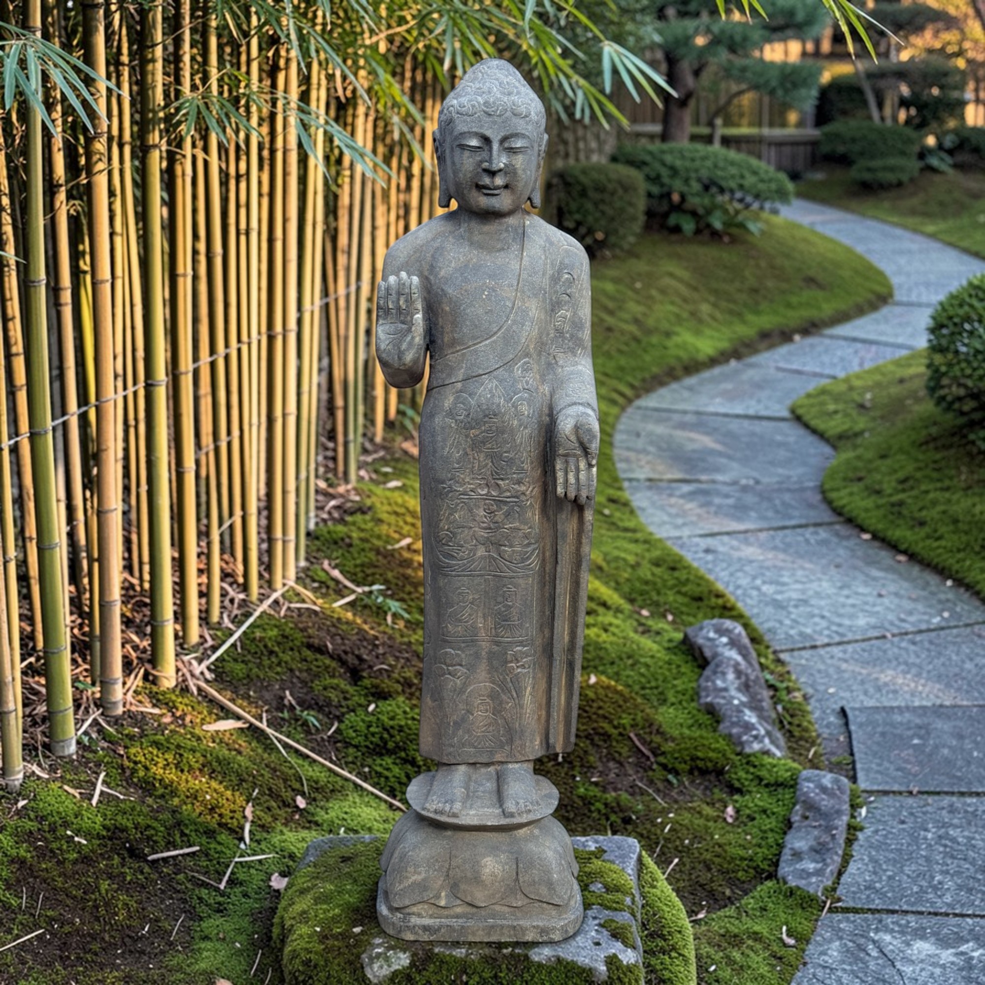 Garten Buddha Statue stehende Skulptur Schutz Geste 121 cm groß