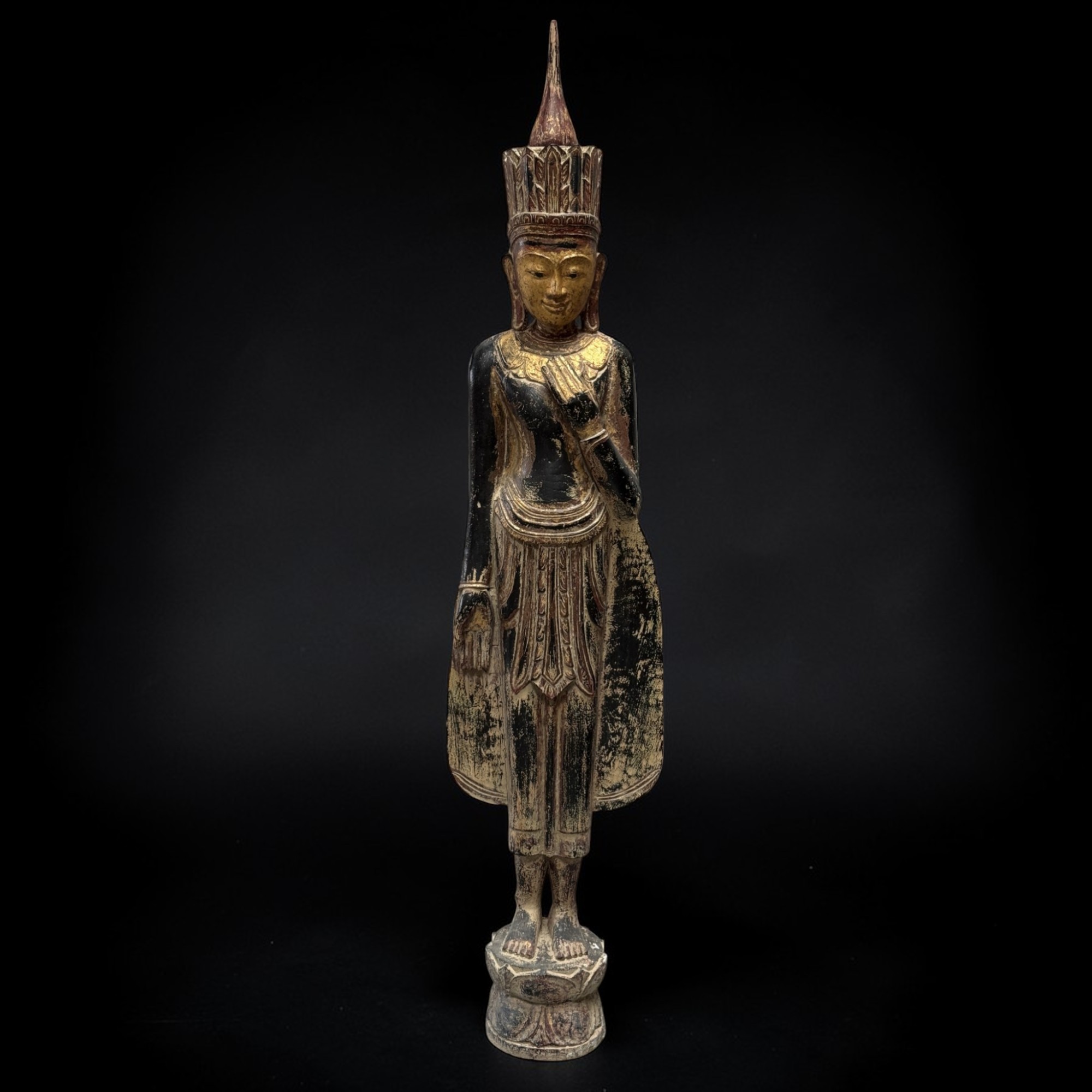 Königlicher Teakholz-Buddha Burma, 166 cm, 19. Jahrhundert – Seltene Herz-Mudra