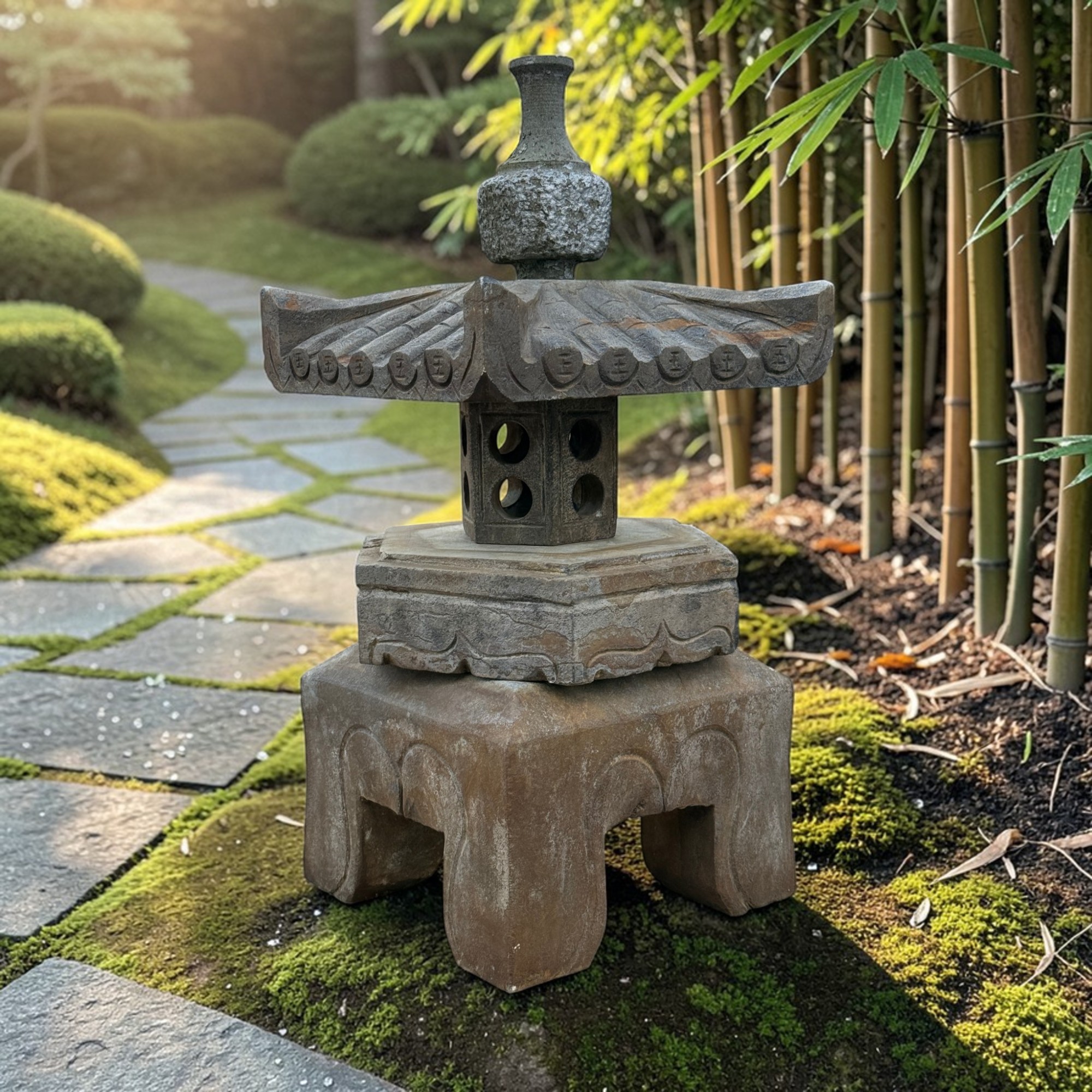 Altes Geisterhaus Steinlaterne Tibet/China - Patchwork Sichuan Unikat - 54 cm