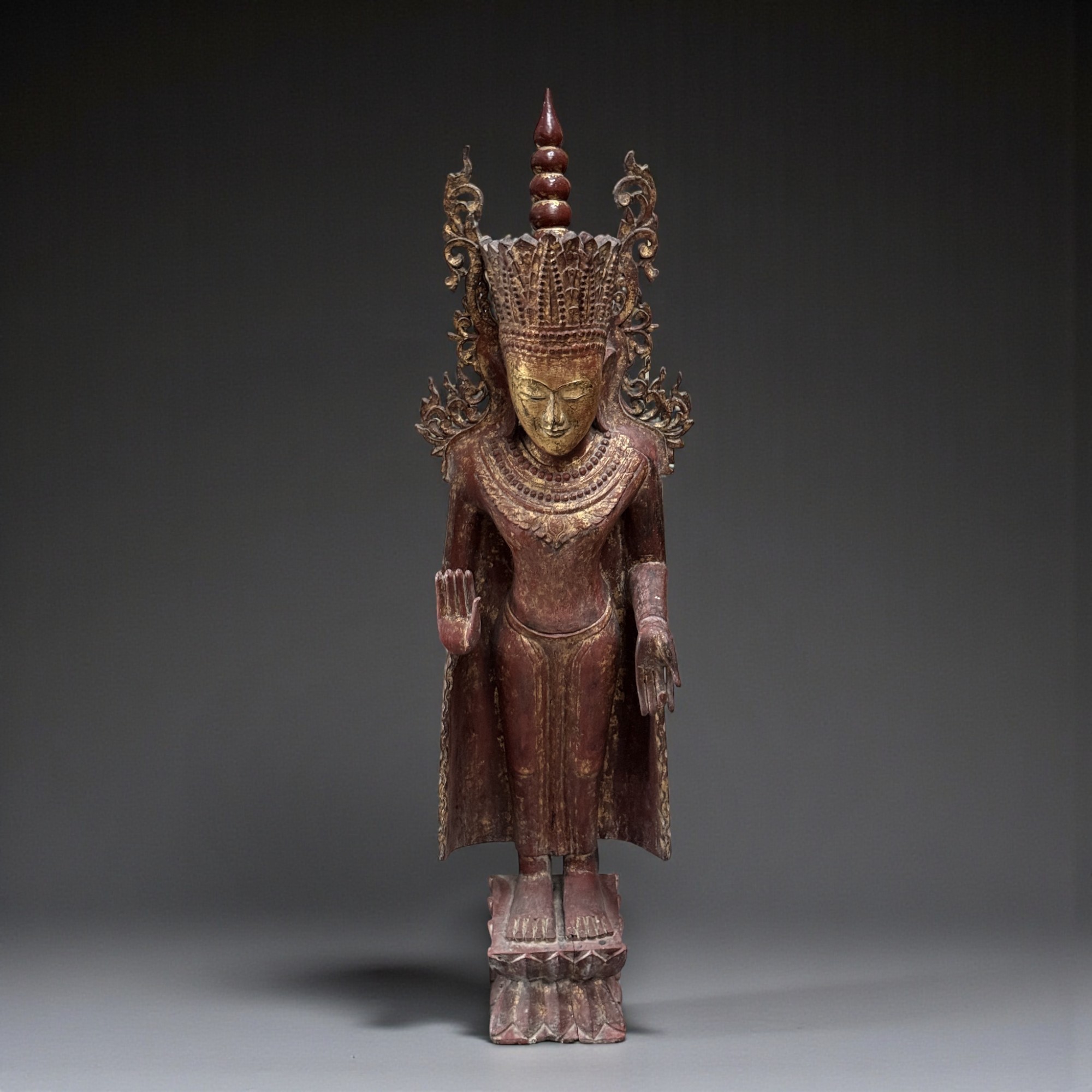 Königs-Buddha Statue Birma Teak Holz Skulptur Schutzgeste