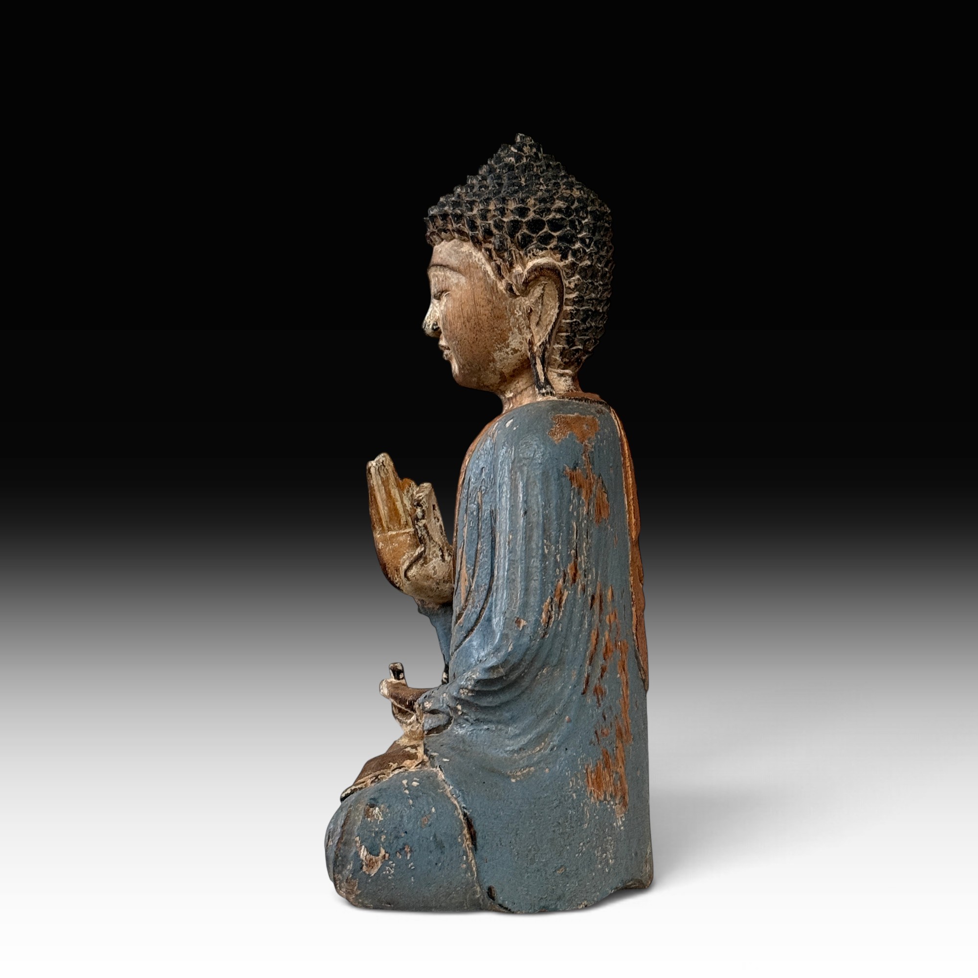 Vintage Buddha Statue Suarholz blau gold – Vitarka Mudra Holzfigur, 44 cm