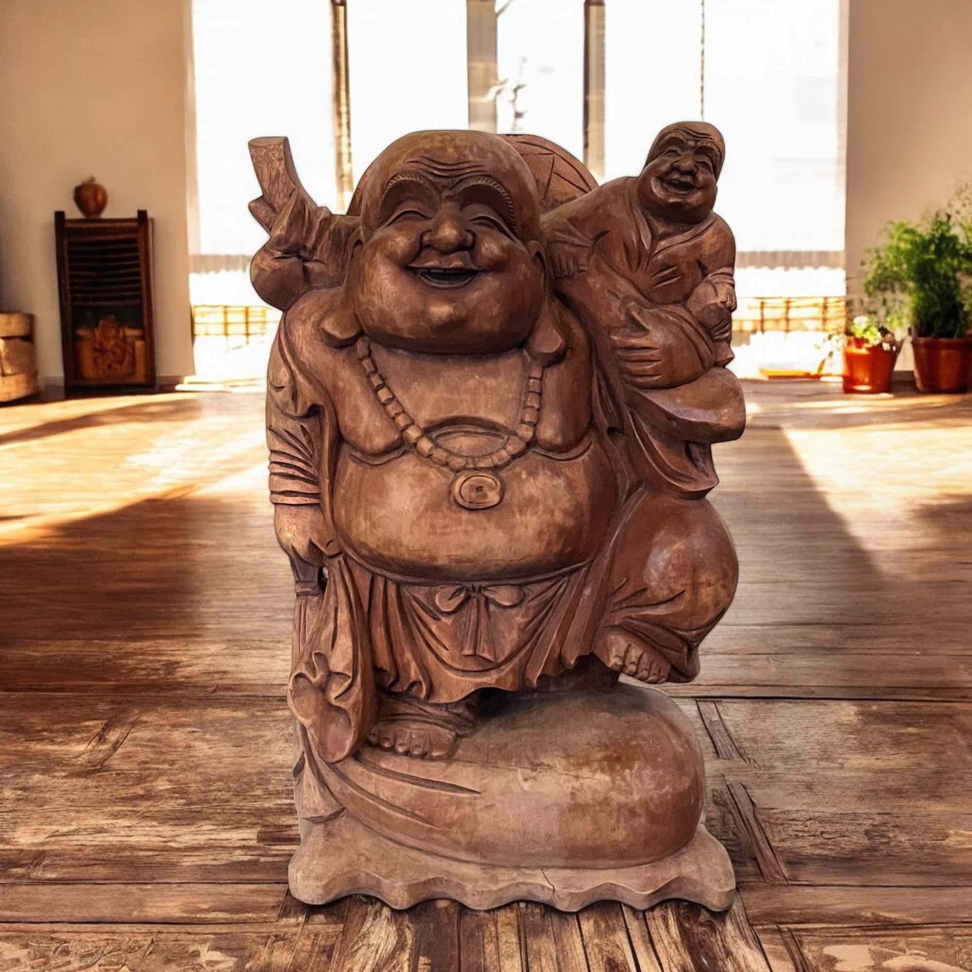 Große Happy Buddha Figur aus Holz (51cm) Reichtumsbuddha