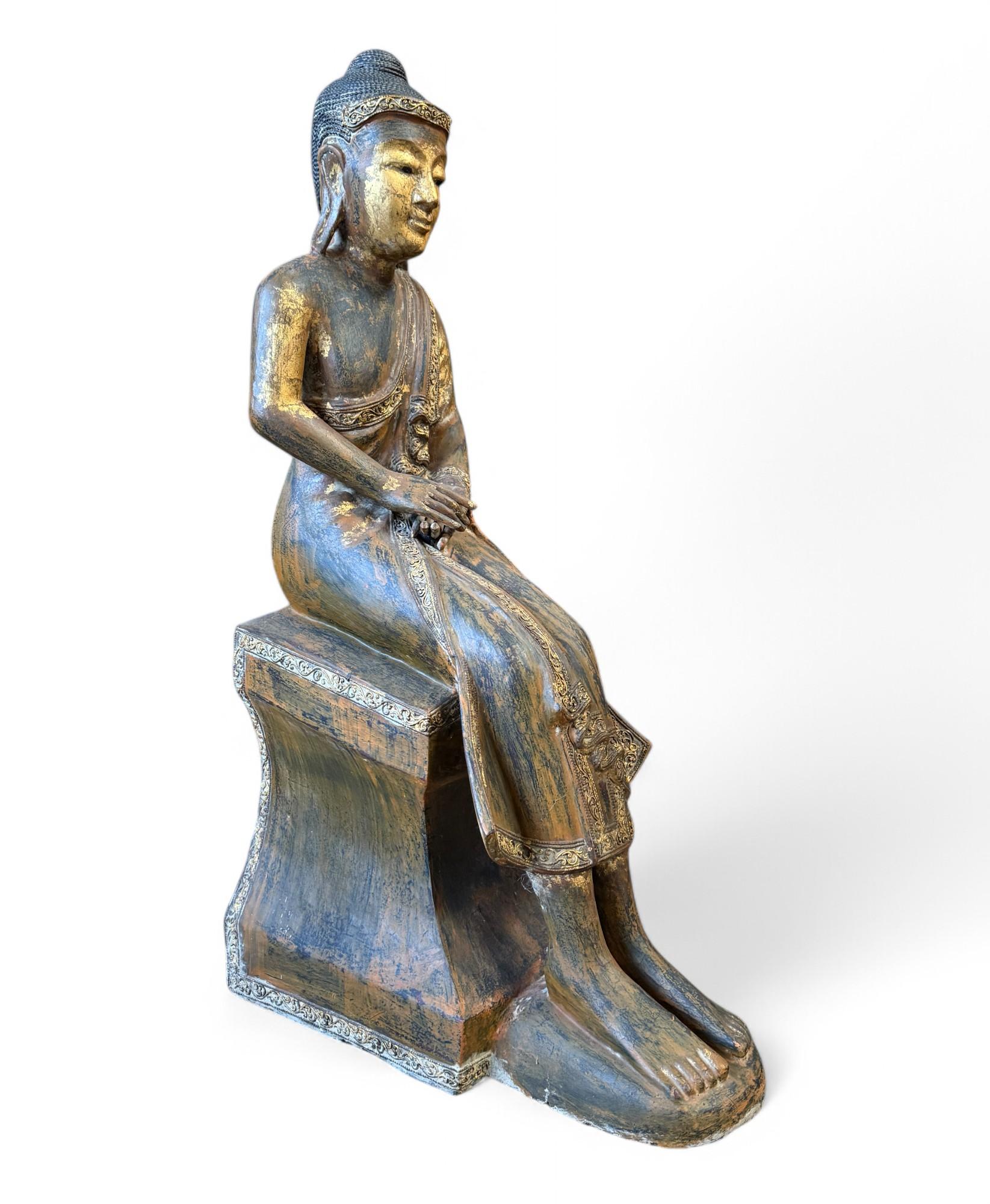 Alte Burma Buddha Skulptur Lacquerware teilvergoldet 100 cm