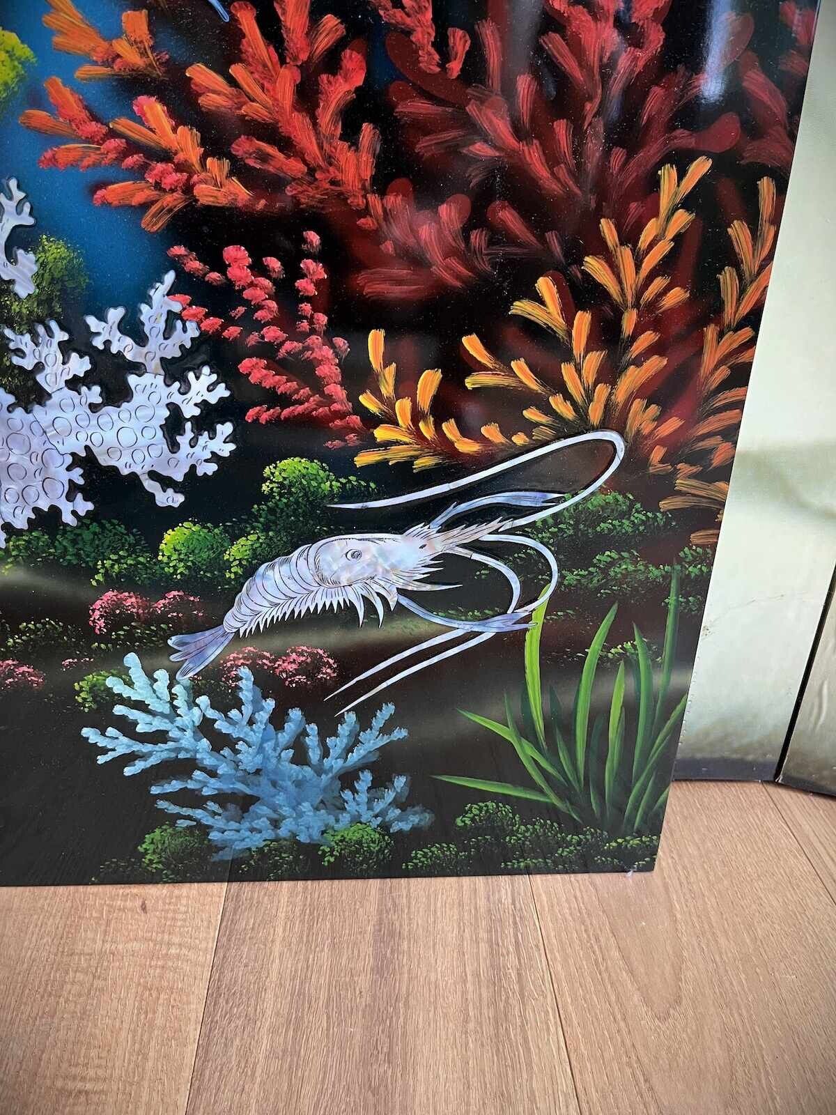 Asiatisches Wandbild Holz Lackbild Perlmutt mit Fische 100 cm