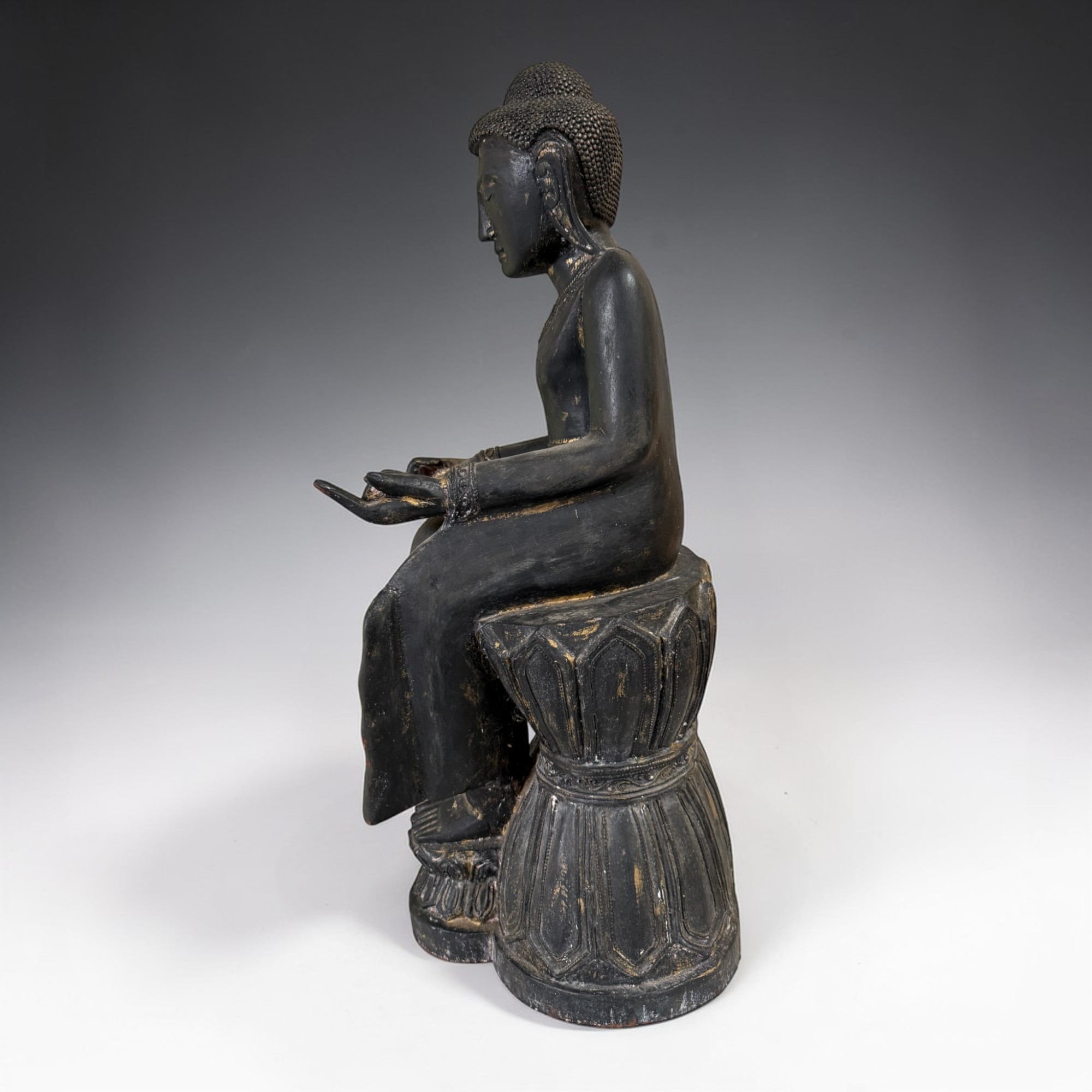 Maitreya Buddha Burma Teakholz 61cm Seltene Sitzhaltung Alte Figur Münchner Erbe