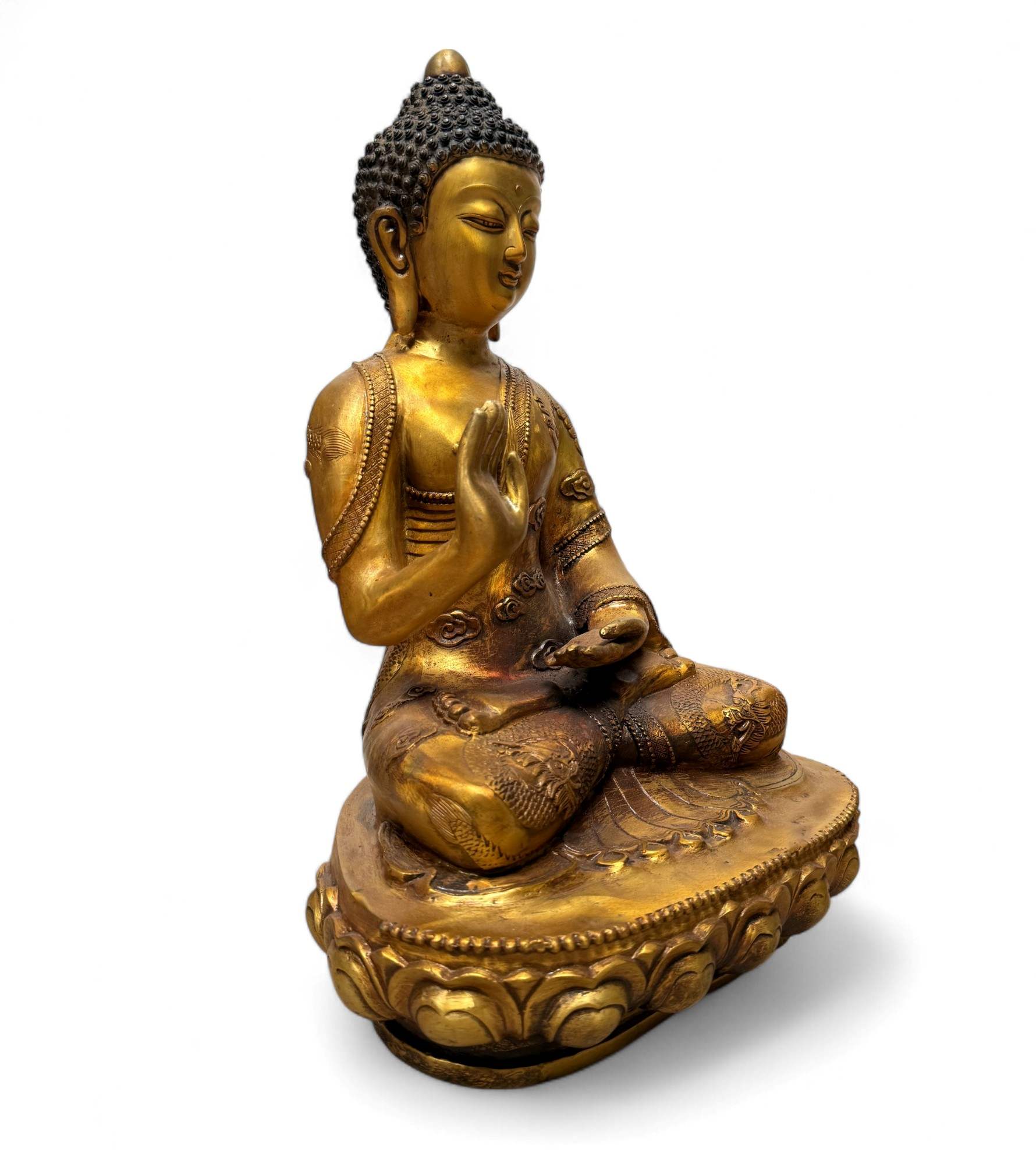 Bronze-Buddha 44 cm – Schutzgeste & Drachen – Sichuan China