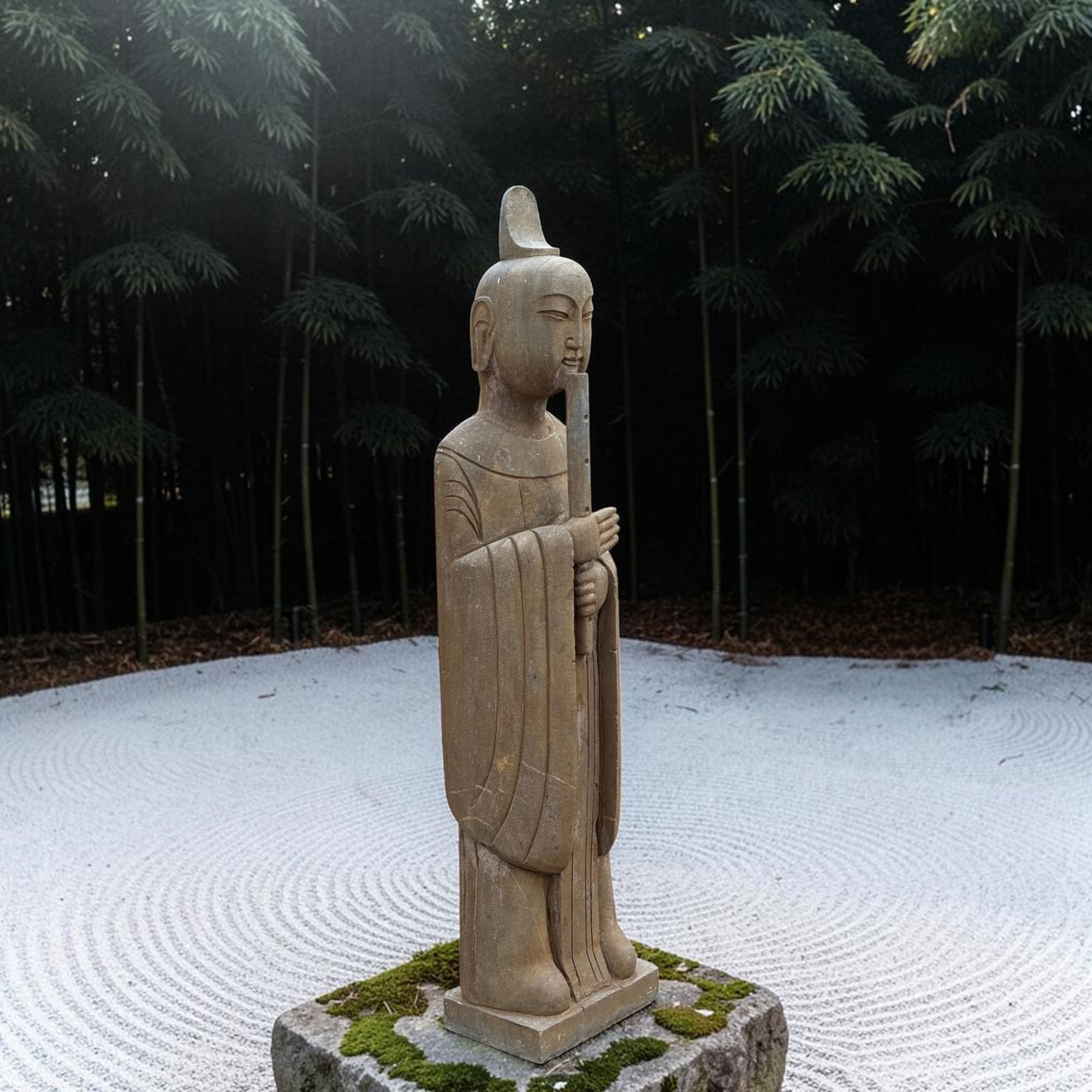 Chinesischer Gelehrter mit Bambusflöte Naturstein Garten Statue 121cm