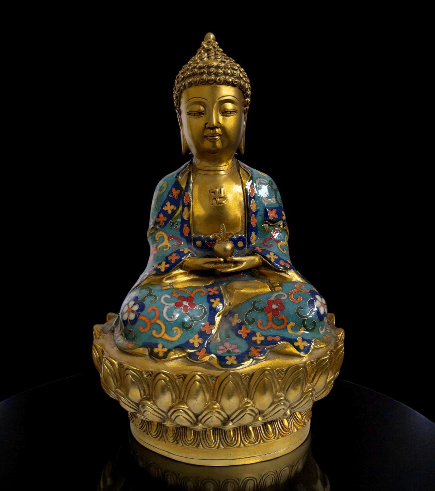 Heilender Medizin-Buddha mit Cloisonné – Bronze, 29 cm