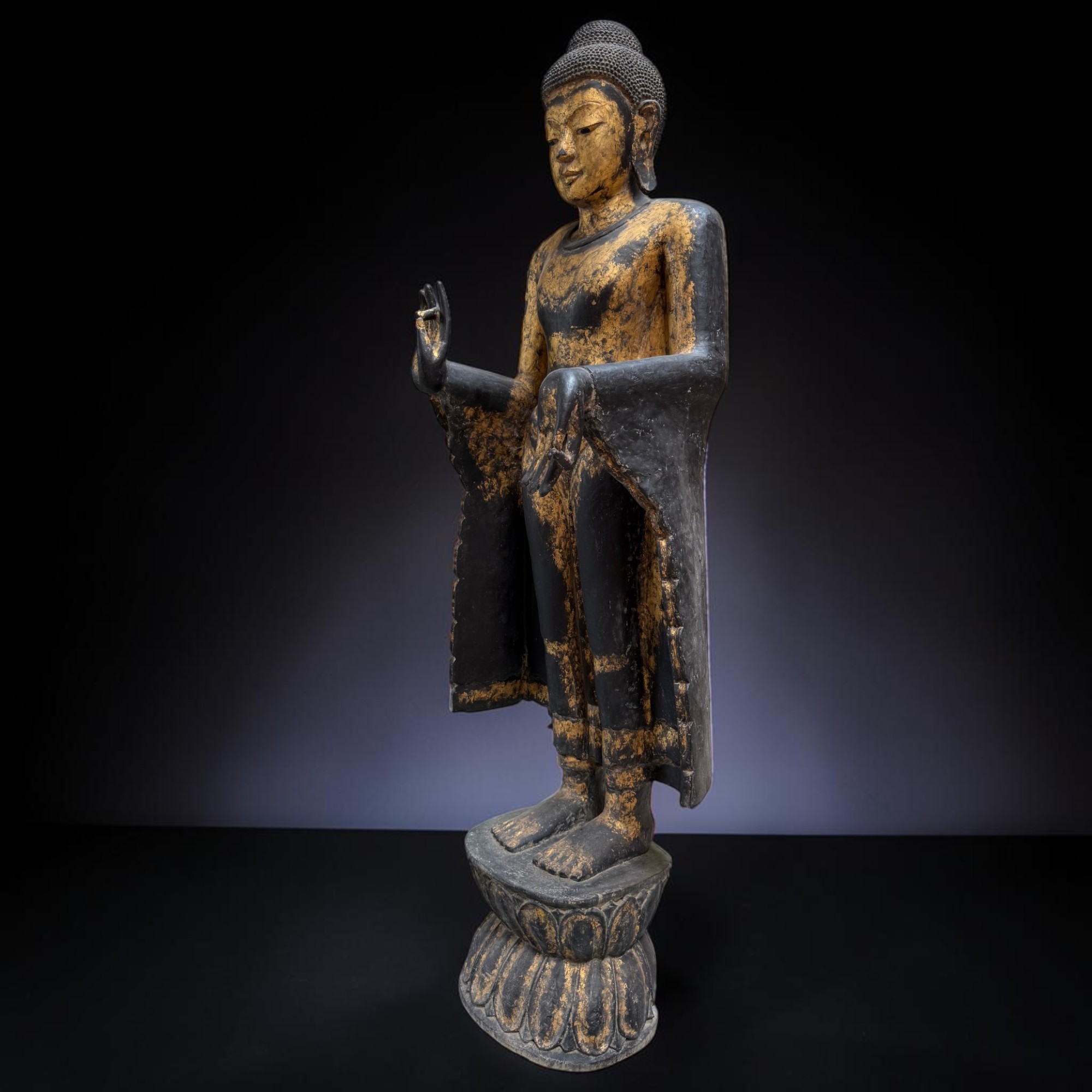 Buddha Figur stehend Teakholz Skulptur Burma Rakhine Asiatika 185cm