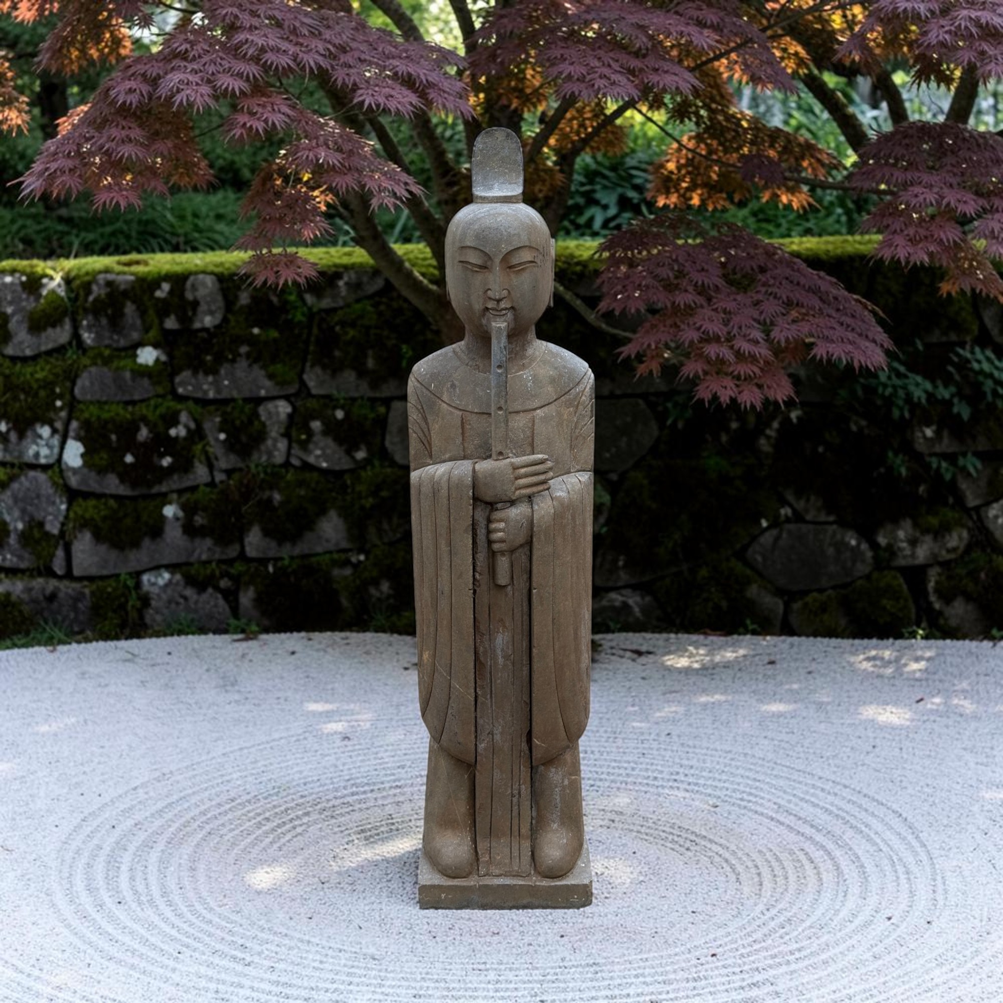 Chinesischer Gelehrter mit Bambusflöte Naturstein Garten Statue 121cm