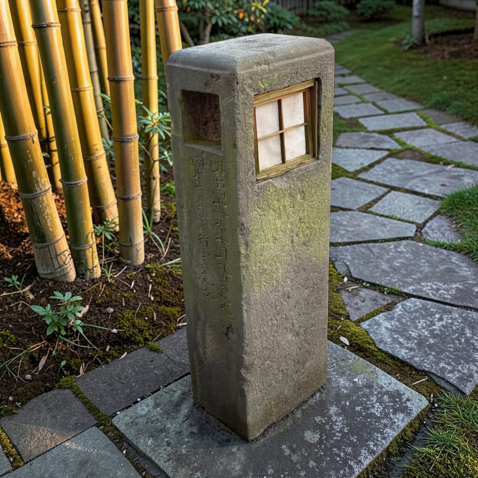 Japanische Steinlaterne mit Inschrift - datiert auf 1902