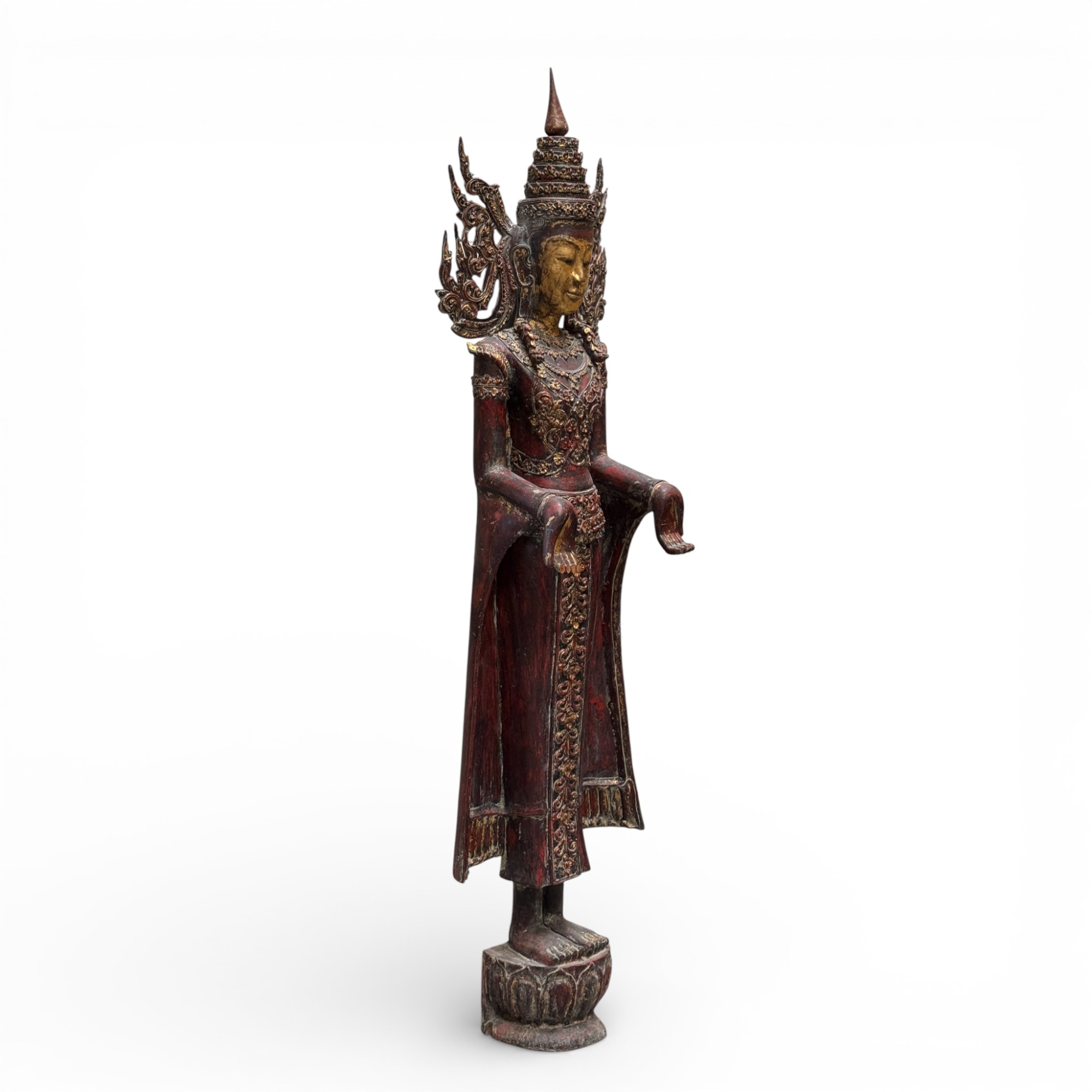 Königs-Buddha Statue Birma Teak Holz Skulptur Wunschgewährungs Geste