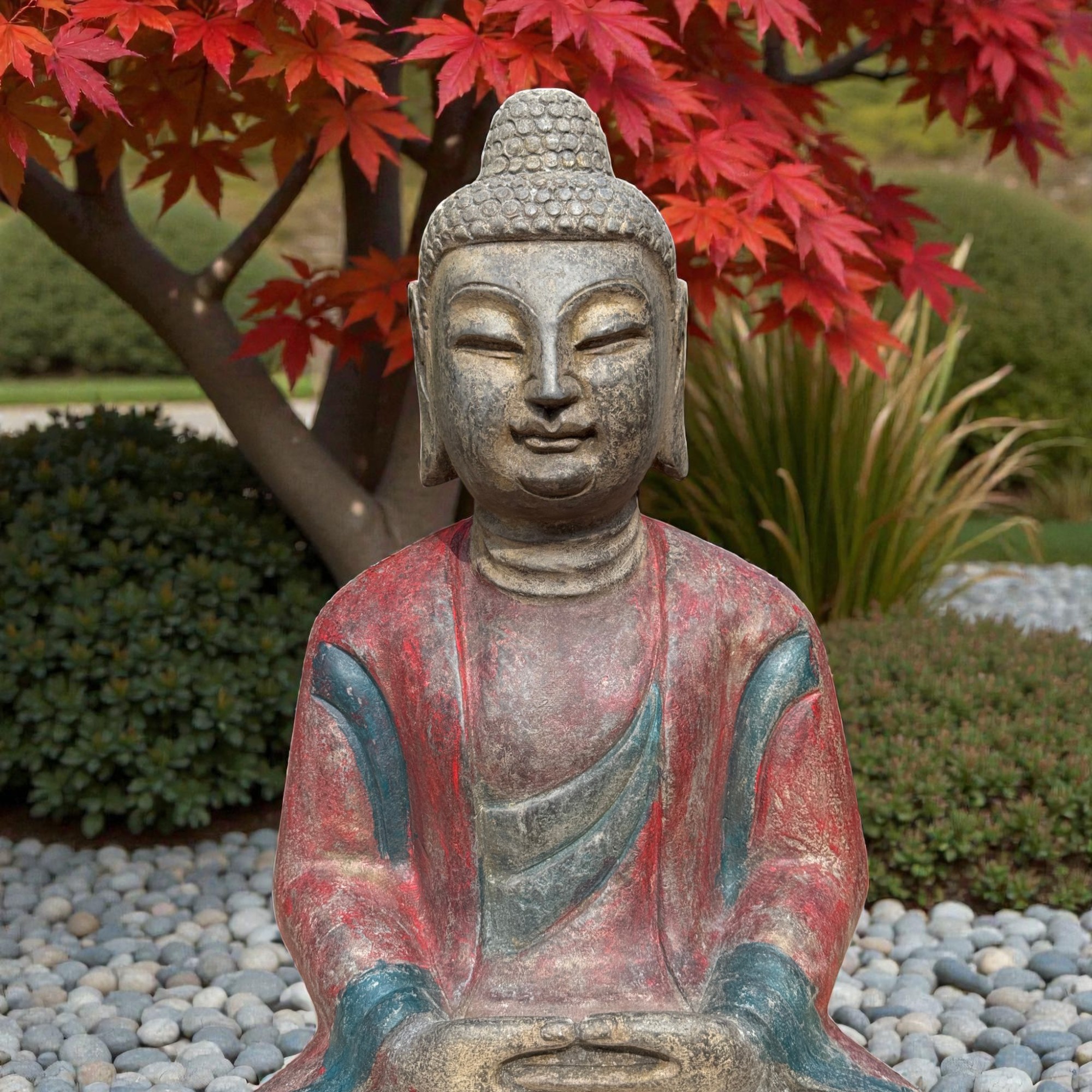 Garten-Buddha Skulptur aus Bluestone – sitzend, 62 cm, Naturstein